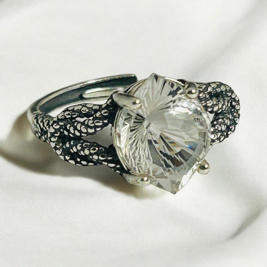 Sterling Silver Ring With Clear Quartz Gemstone - Rope Design - 925 - Adjustable - Gift Boxed