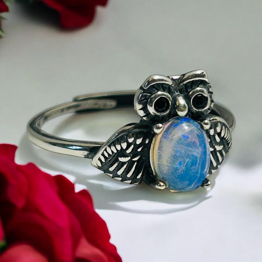 Sterling Silver Owl Ring With Opal Gemstone - Adjustable - 925 - Gift Boxed