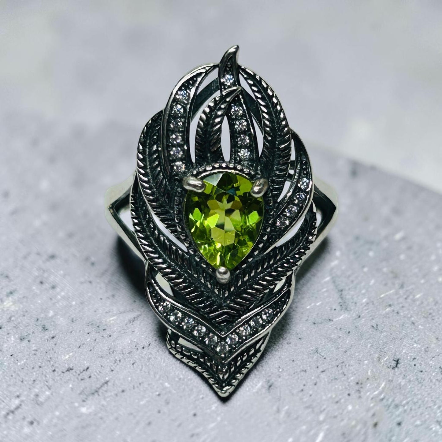 925 Silver Feather Ring • Peacock Feather with Peridot Gemstone • CZ Accents • Adjustable • Giftbox