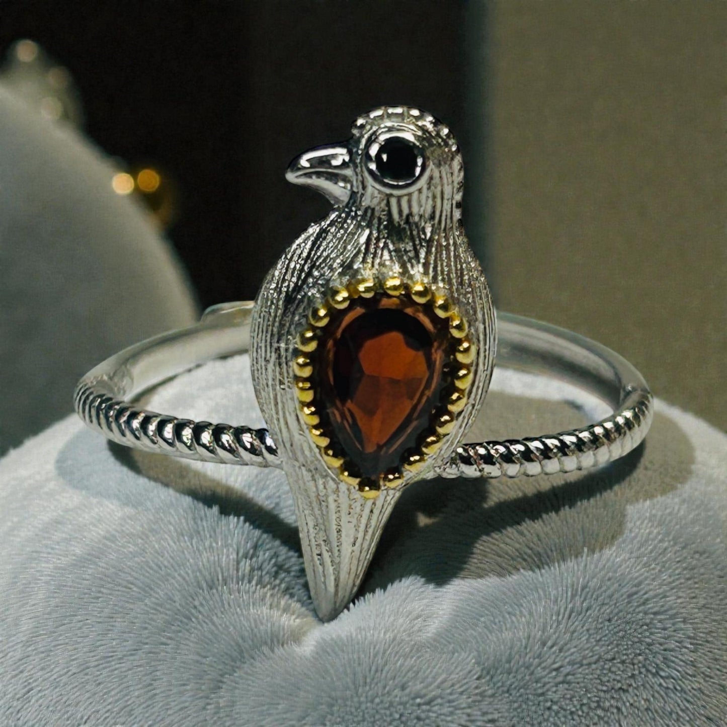 Dainty Bird Ring With Garnet Gemstone • 925 Sterling Silver • Adjustable with Gift Box