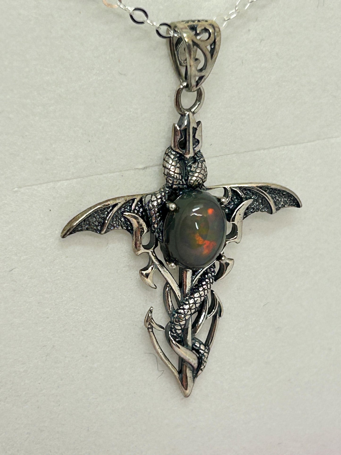 Dragon Cross Pendant with Black Opal Gemstone • 925 Sterling Silver • Gift box