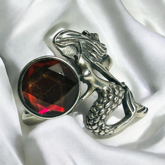 Sterling Silver Mermaid Ring With Ammolite Gemstone - Adjustable - 925 - Gift Boxed
