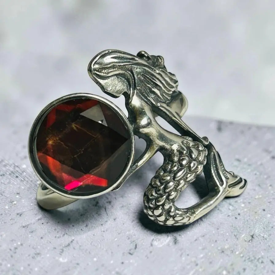 Mermaid Ring with Ammolite Gemstone • 925 Sterling Silver • Adjustable • Gift box Celtic Dragon Jewellery