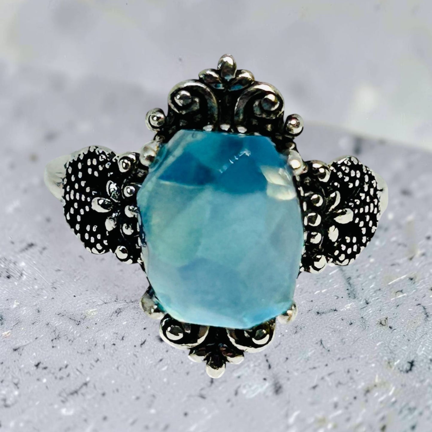 Fleur De Lys Ring with Aquamarine Gemstone • 925 Sterling Silver • Adjustable • Gift Box