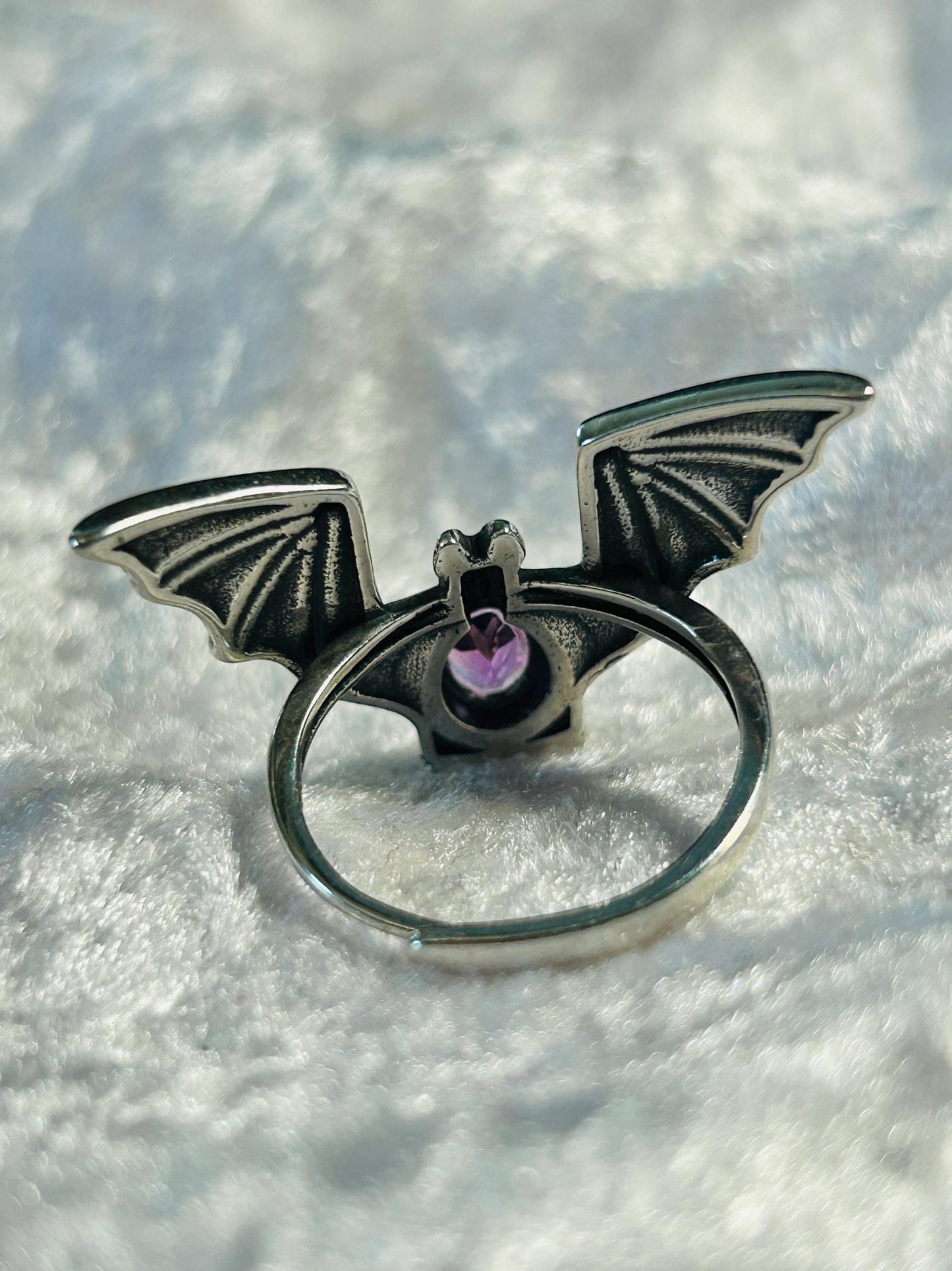Large Gothic Bat Ring with Faceted Amethyst Gemstone • 925 Sterling Silver • Adjustable • Gift Box