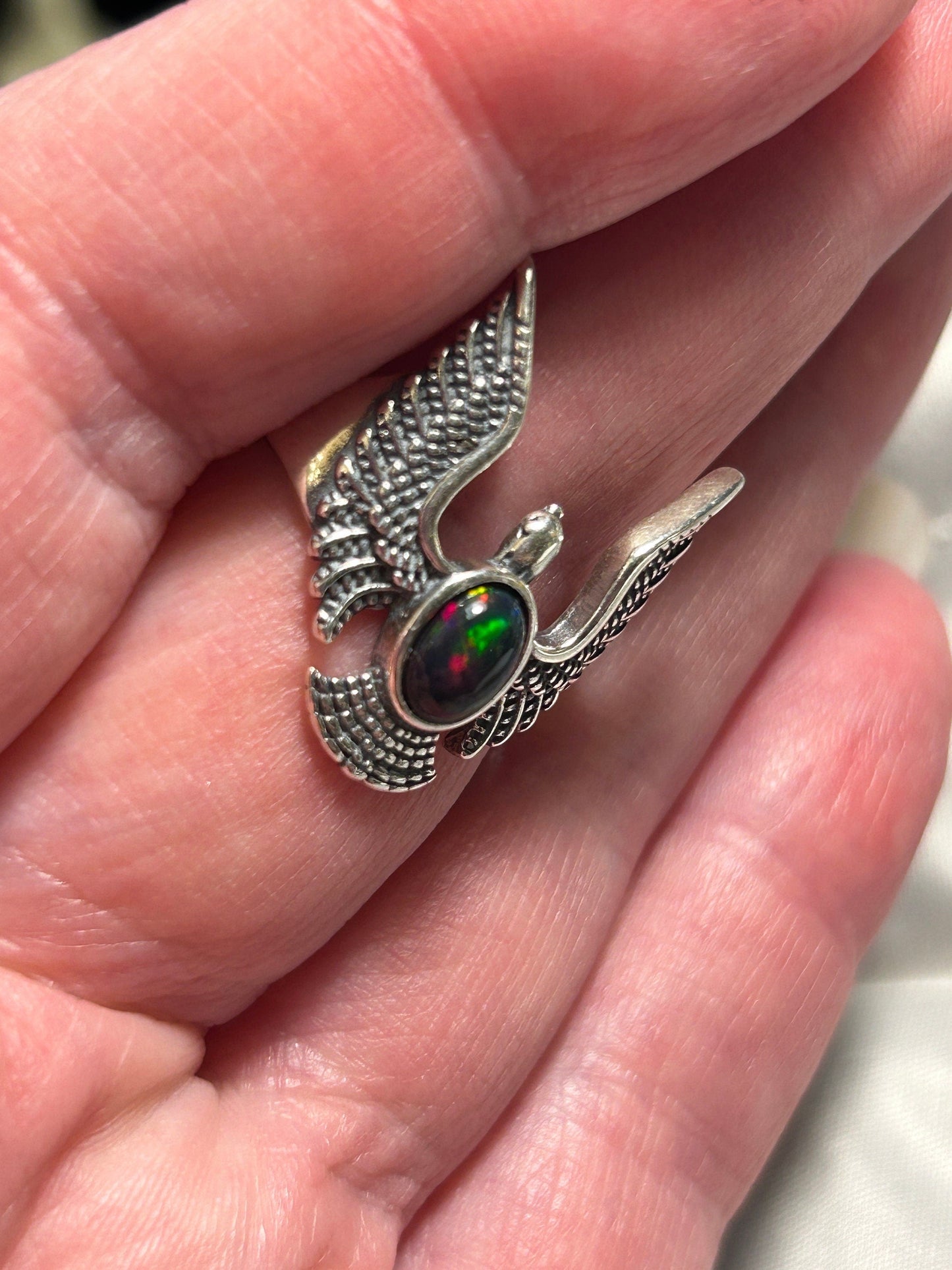 Flying Eagle Ring with Black Opal Gemstone • 925 Sterling Silver • Adjustable • Gift Box