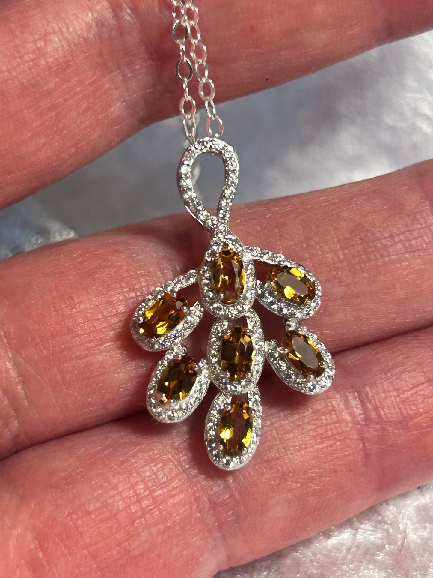 Citrine Leaf Pendant: 925 Sterling Silver & CZ Gemstones