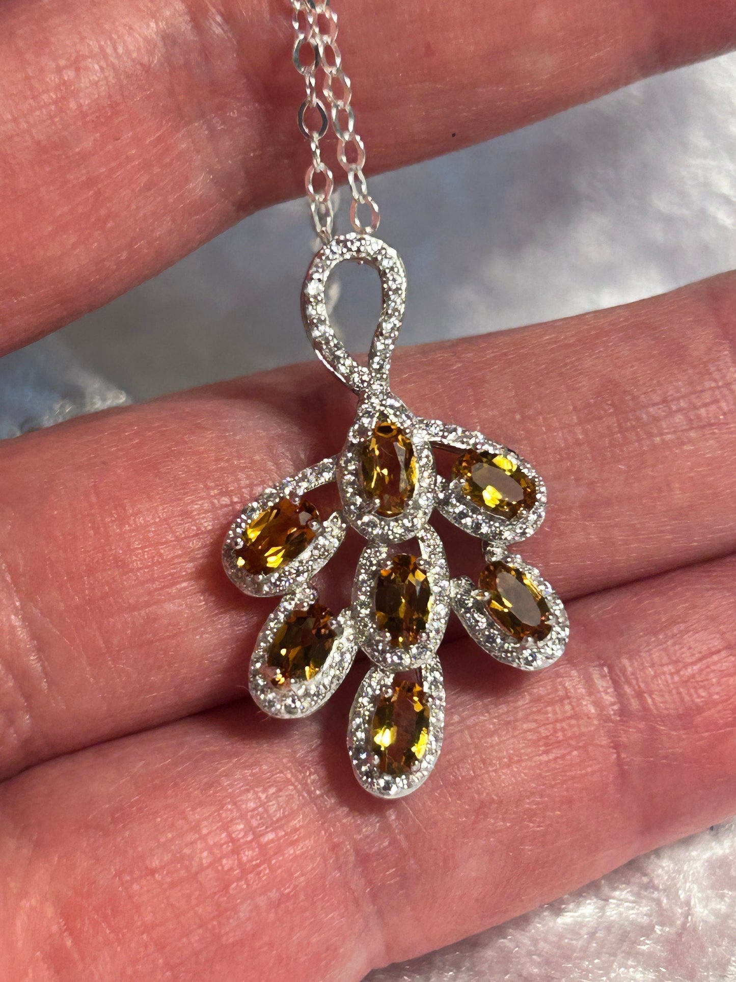 Leaf Pendant with Citrine Gemstones • 925 Sterling Silver • CZ Accents • Gift Box