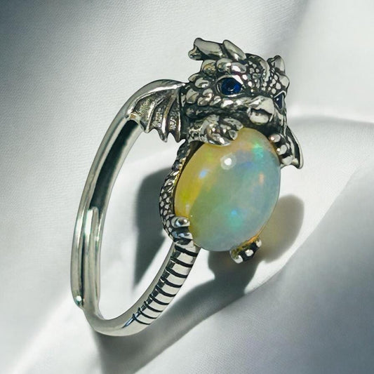 Baby Dragon Ring: 925 Silver Opal Gemstone, Sapphire Eyes
