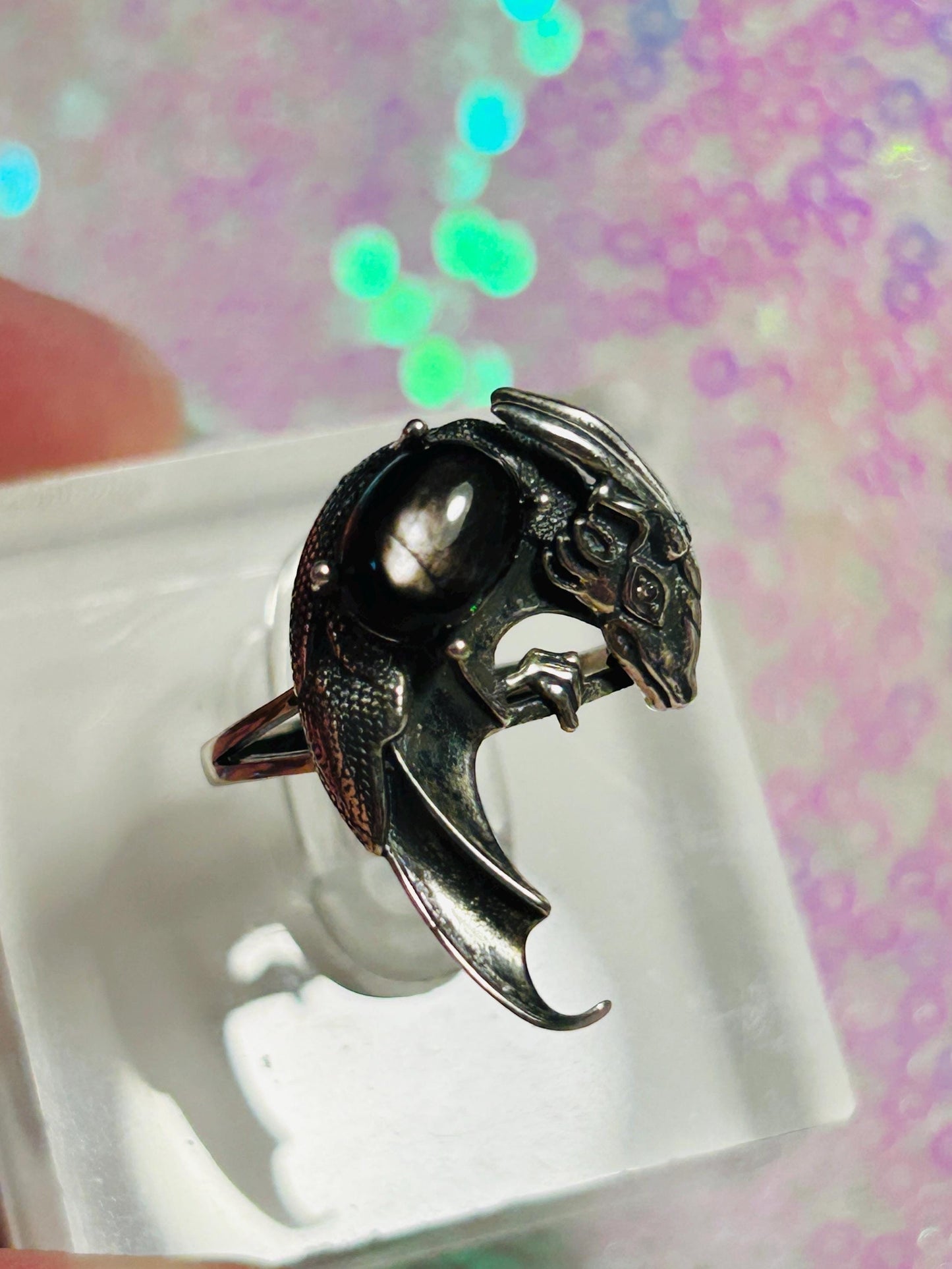 Dragon Ring with Hypersthene Gemstone • 925 Sterling Silver • Adjustable • Gift Box