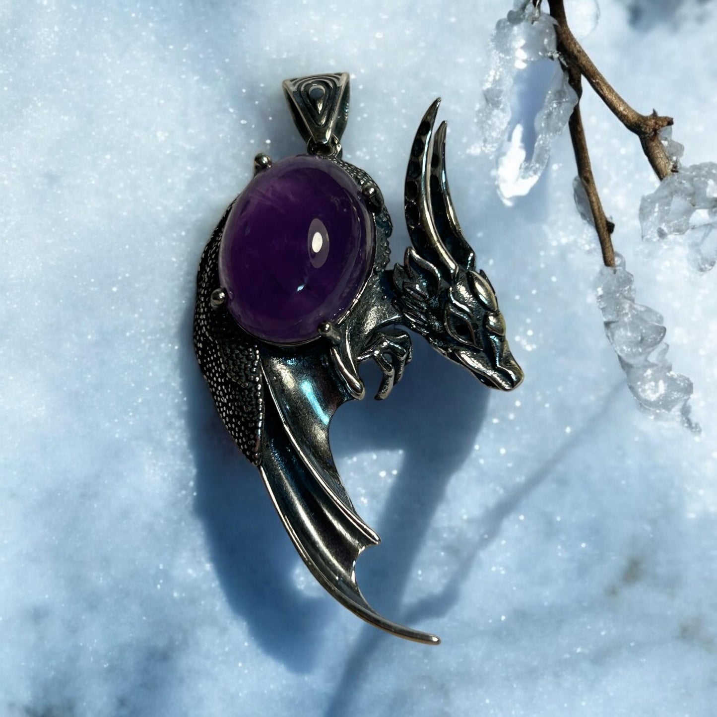925 Sterling Silver Dragon Pendant: Amethyst Cabochon, Black Spinel Eyes