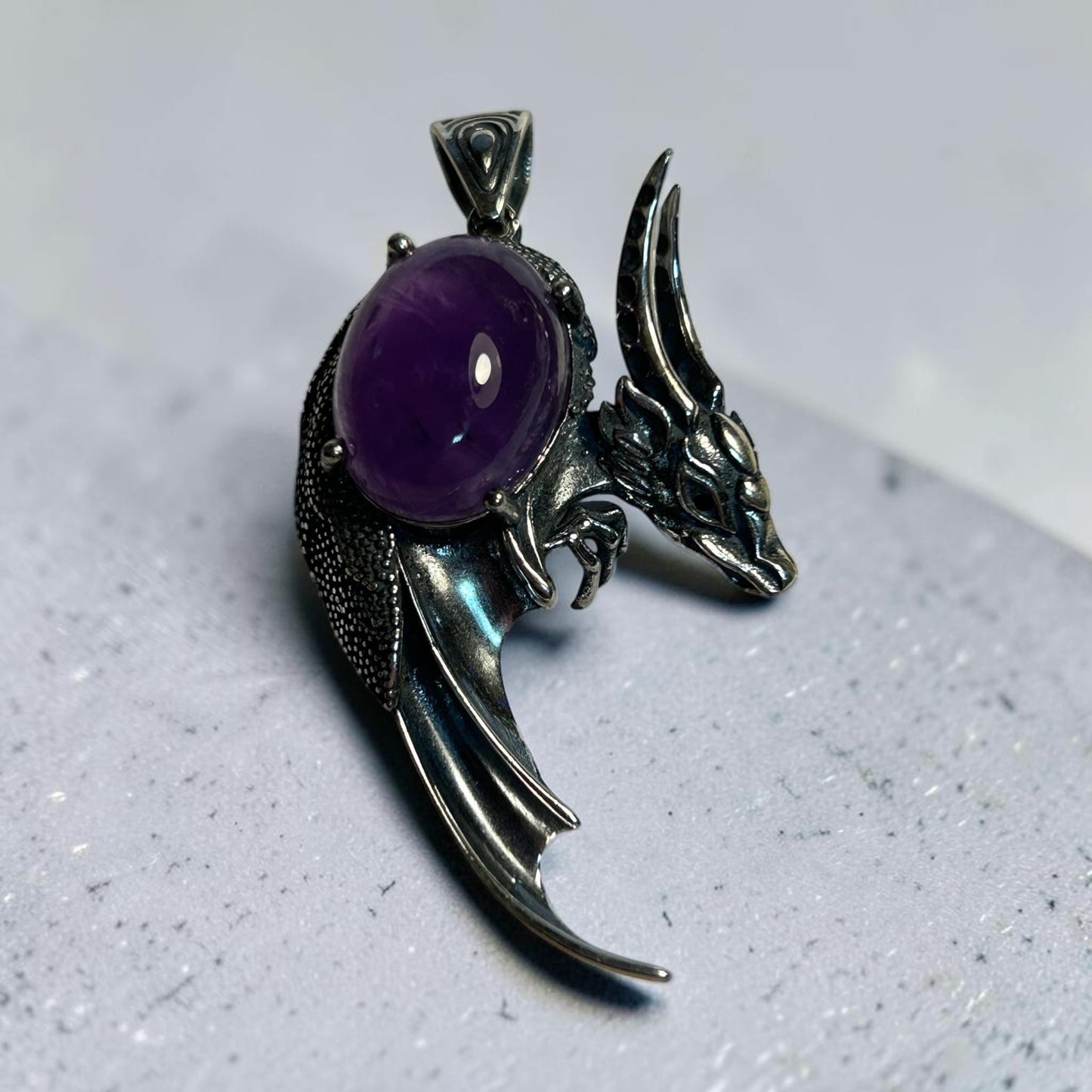 Large Dragon Pendant with Amethyst Gemstone • 925 Sterling Silver • Black Spinel Eyes • Gift box