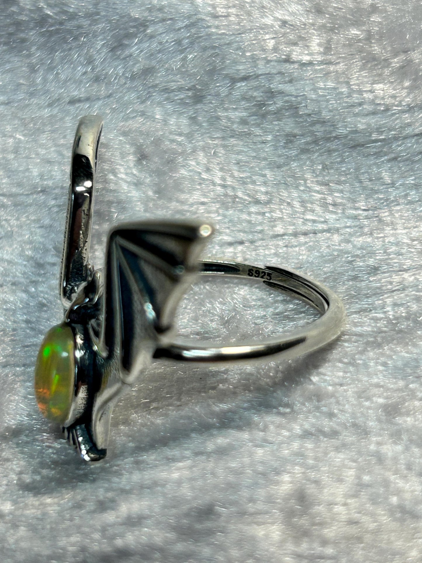 925 Silver Bat Ring: Rainbow Opal Gemstone, Adjustable
