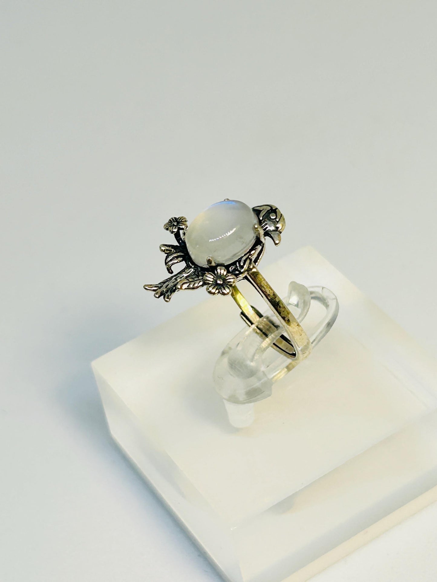 Bird Ring with Rainbow Moonstone Gemstone • 925 Sterling Silver • Adjustable • Gift Box