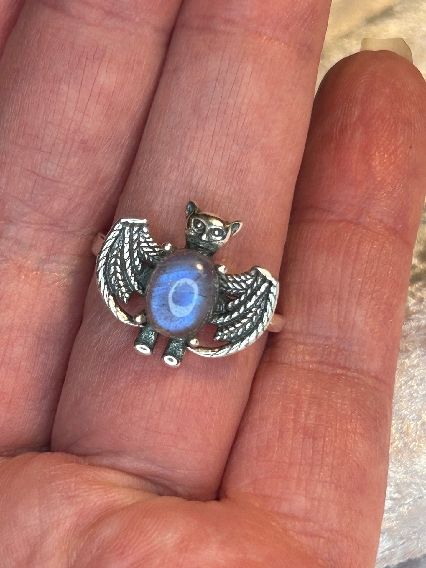 Gothic Bat Ring with Labradorite Gemstone.• 925 Sterling Silver • Adjustable • Gift Box