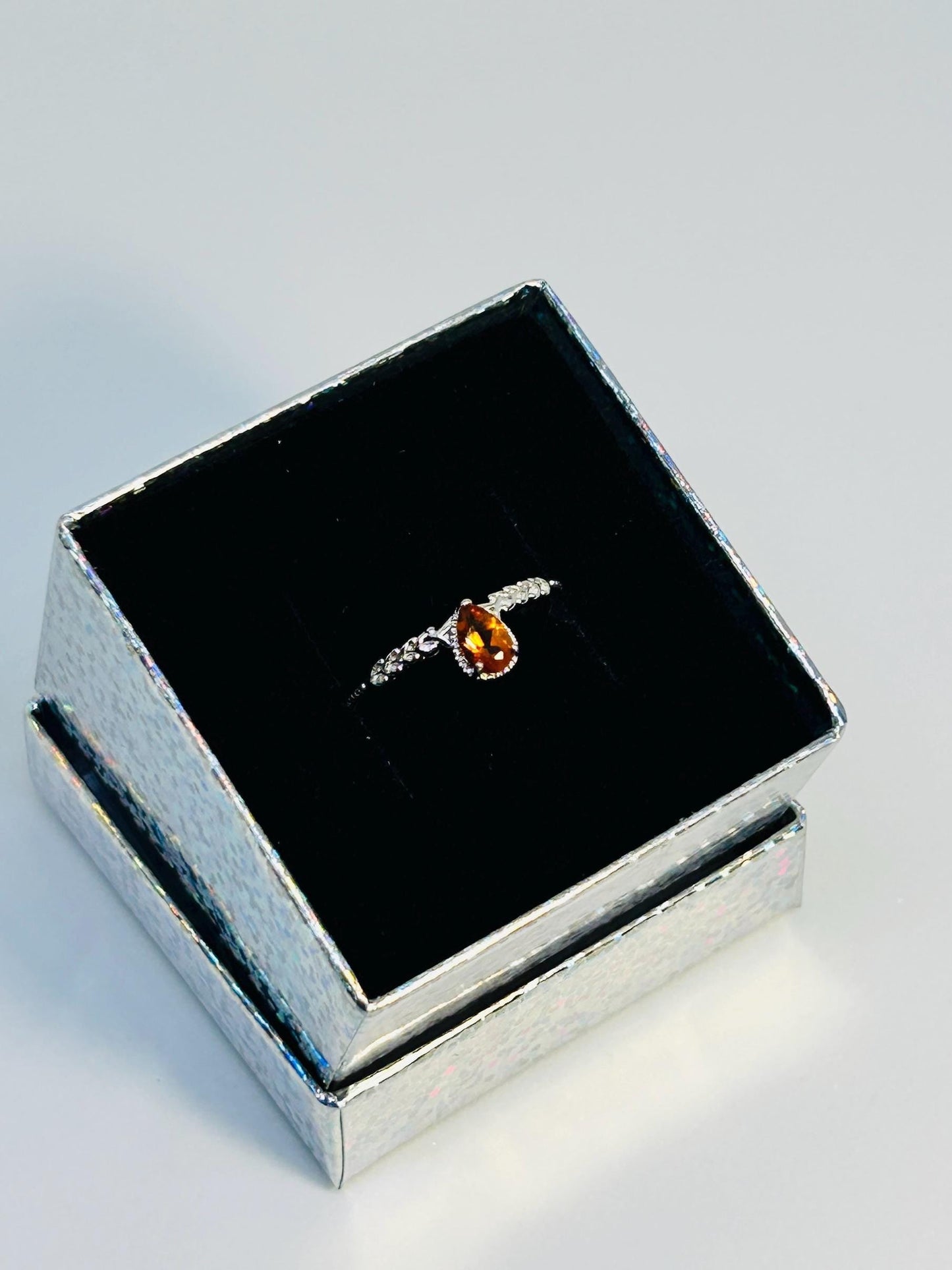 Dainty Stacking Ring with Orange Citrine Teardrop Gemstone • 925 Sterling Silver • Adjustable • Gift Box
