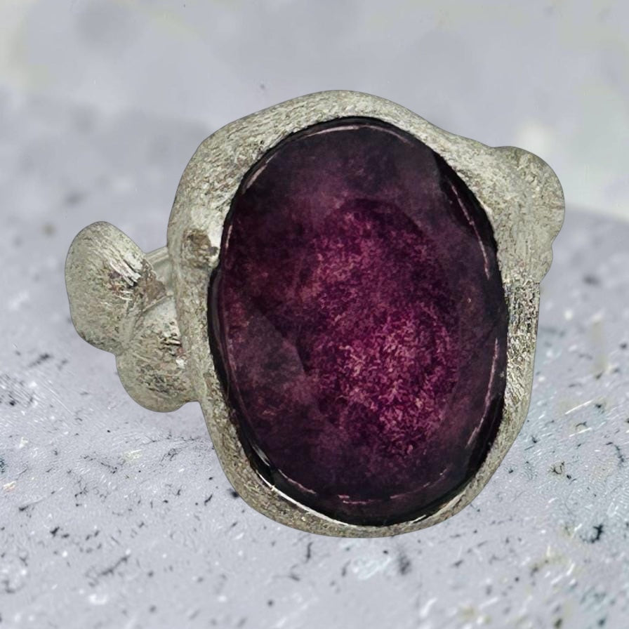 Textured Mens Ring with Purple Fluorite Gemstone • 925 Sterling Silver • Adjustable • Gift Box
