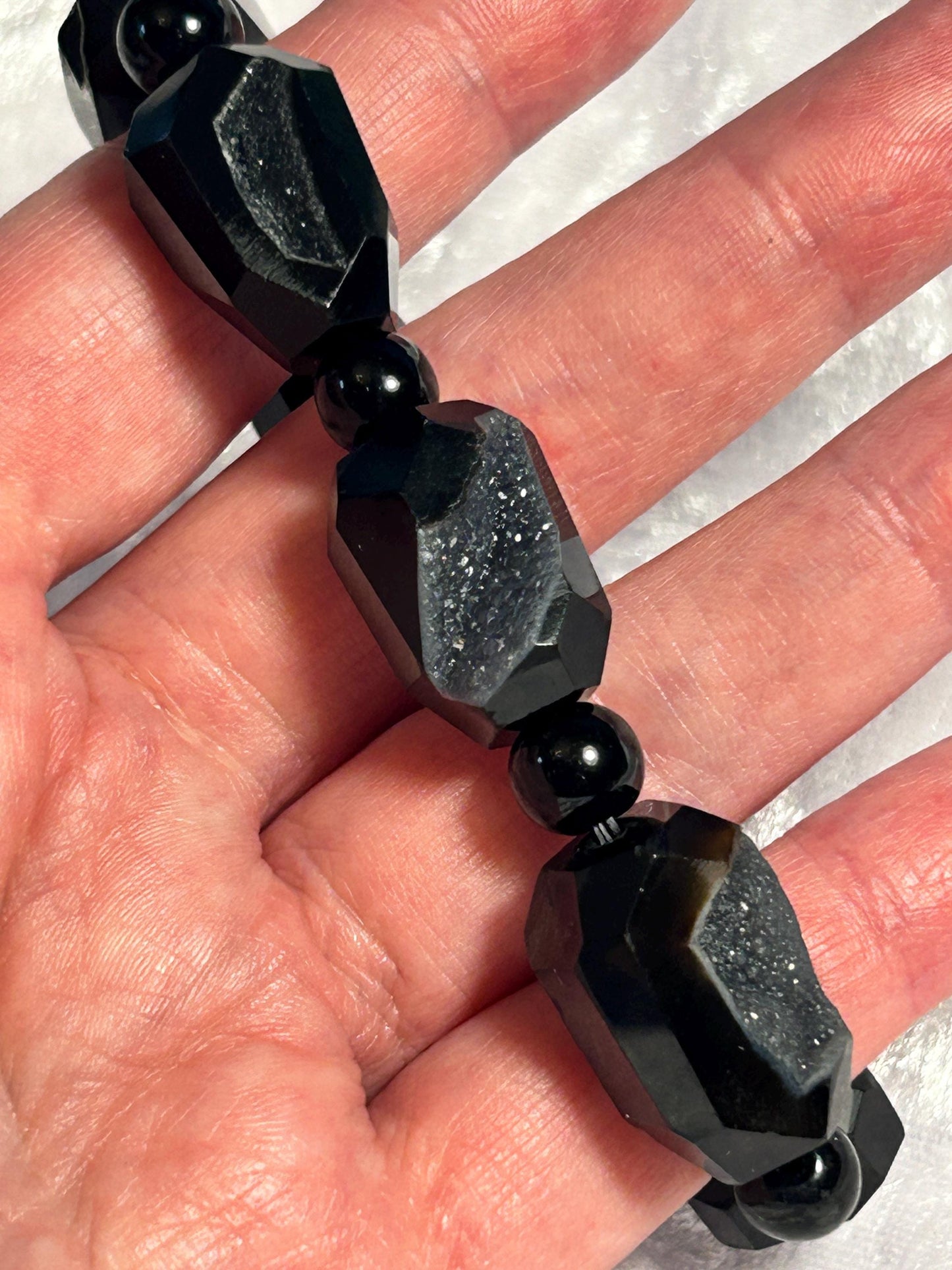Black Agate Druzy Bracelet: Chunky Gemstone Jewelry, Adjustable