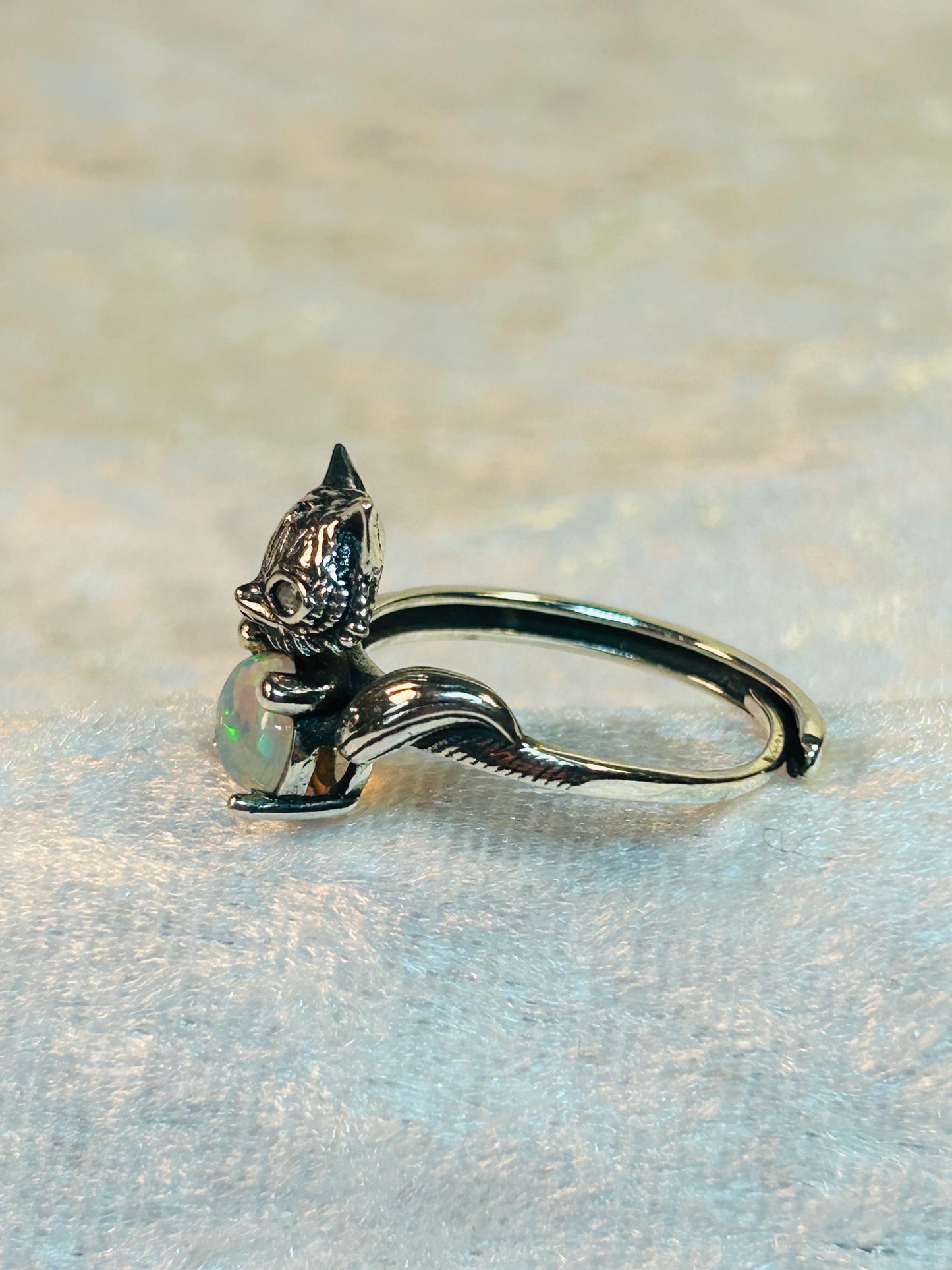 Cute Fox Ring with Opal Gemstone • 925 Sterling Silver • Adjustable • Gift Box