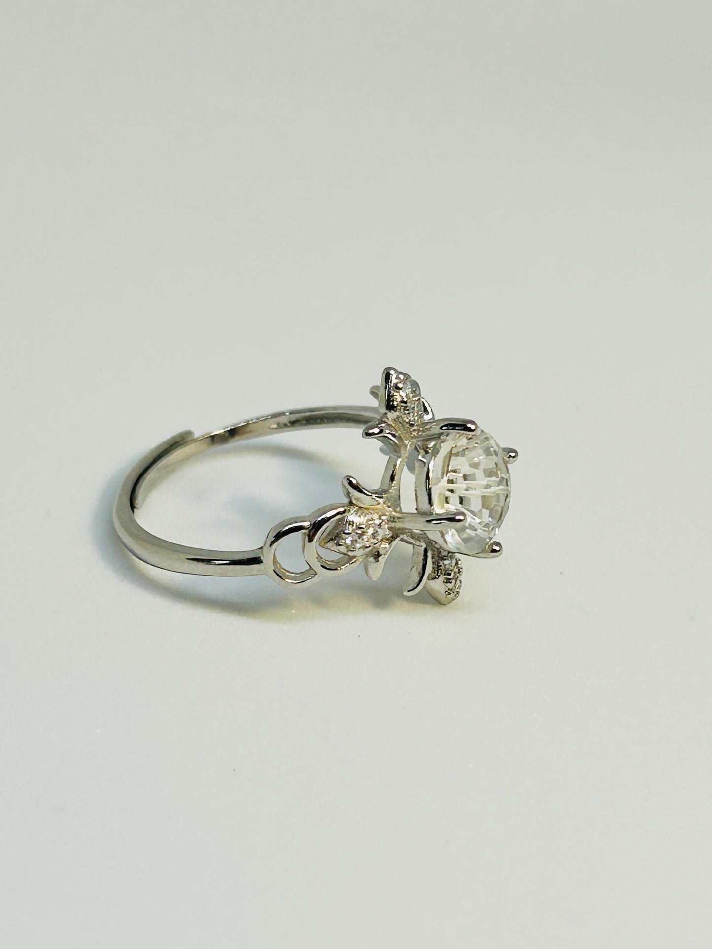 Fleur De Lys Ring with Clear Quartz Gemstone & CZ Accents • 925 Sterling Silver • Adjustable • Gift Box