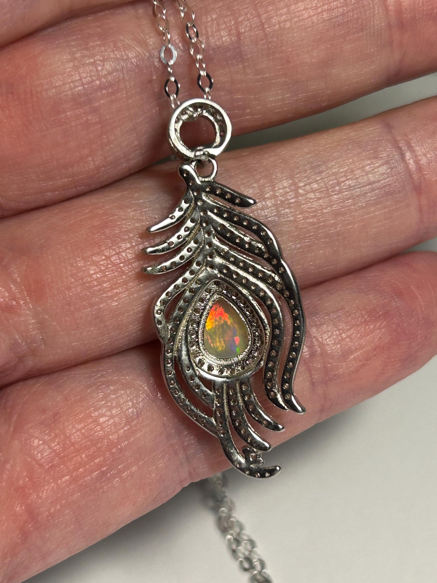 Sterling Silver Peacock Feather Pendant: Rainbow Opal & CZ Necklace