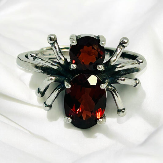 925 Spider Ring With Red Garnet Gemstones - Sterling Silver - Supplied In Gift Box