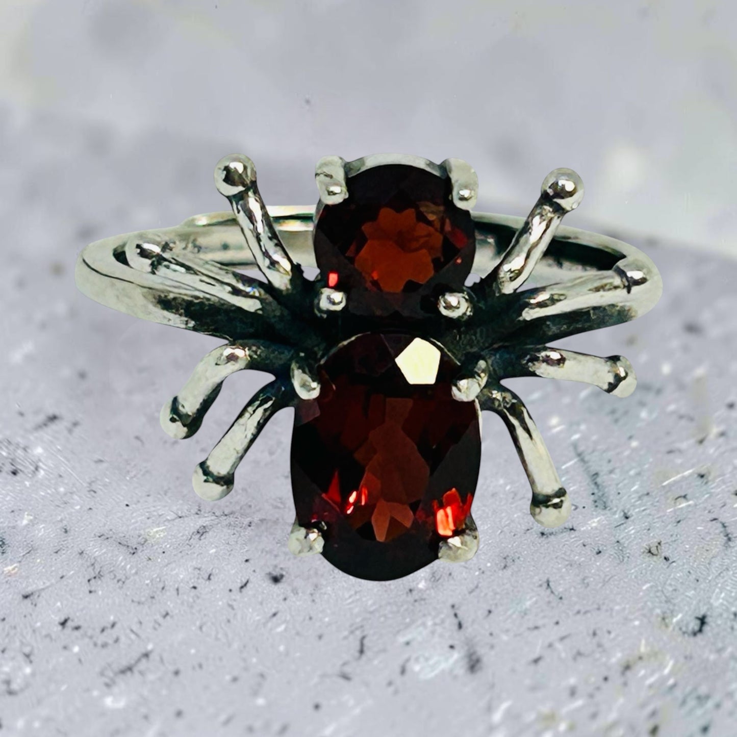 Spider Ring with Red Garnet Gemstones • 925 Sterling Silver • Adjustable • Gift Box