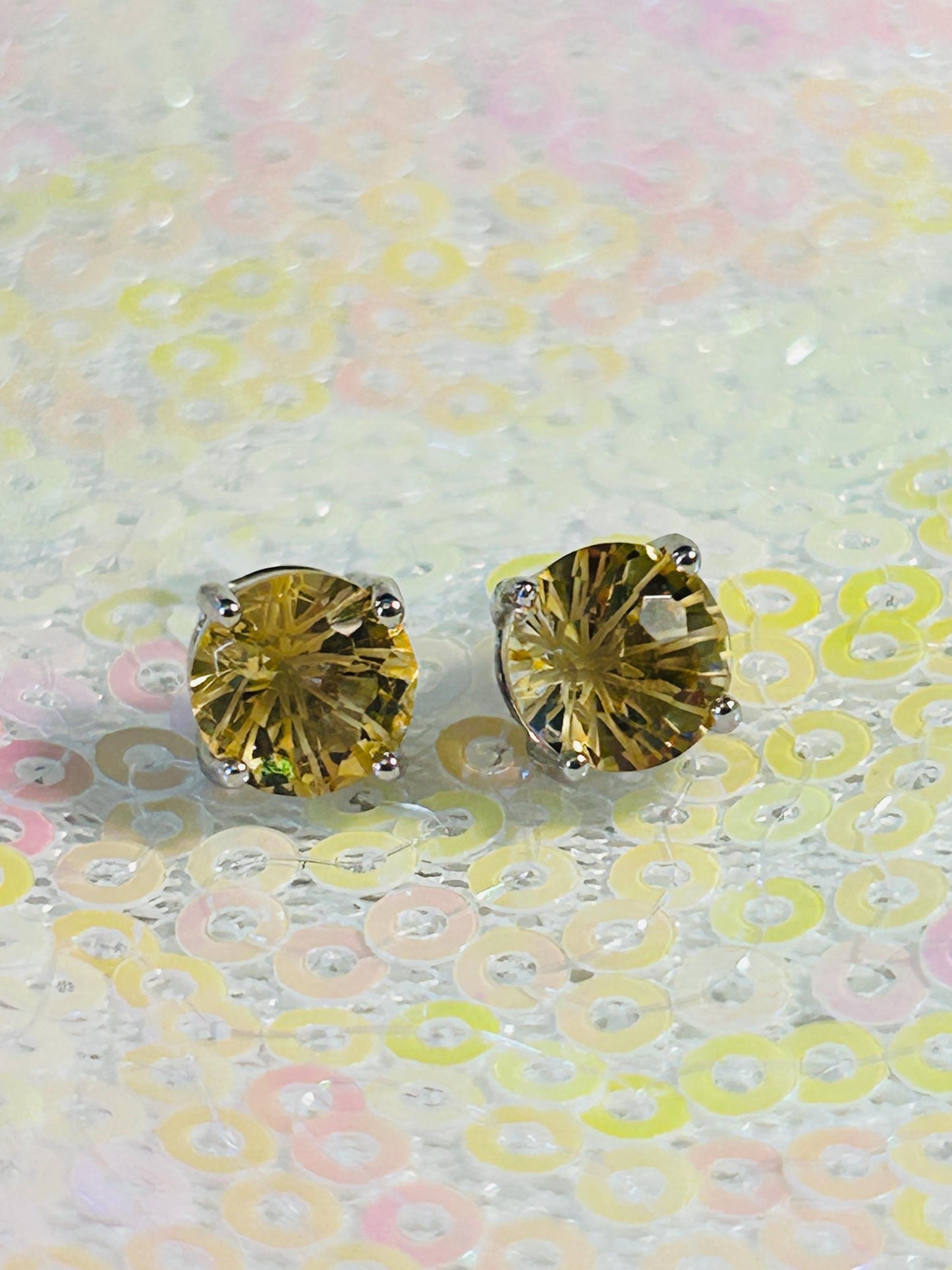Natural Stone Stud Earrings with Faceted Citrine Gemstone• 925 Sterling Silver • Gift Box