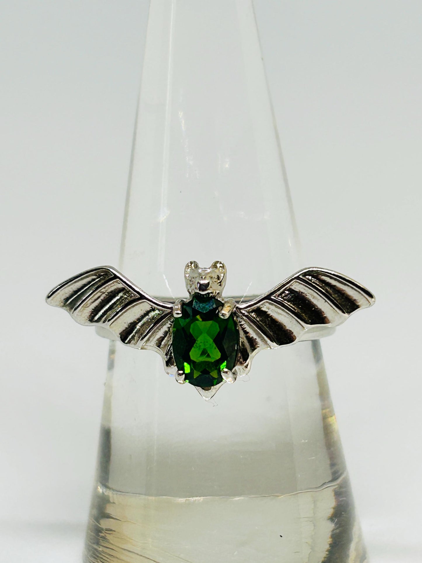 Sterling Silver Bat Ring: Faceted Diopside Gemstone, Adjustable Band