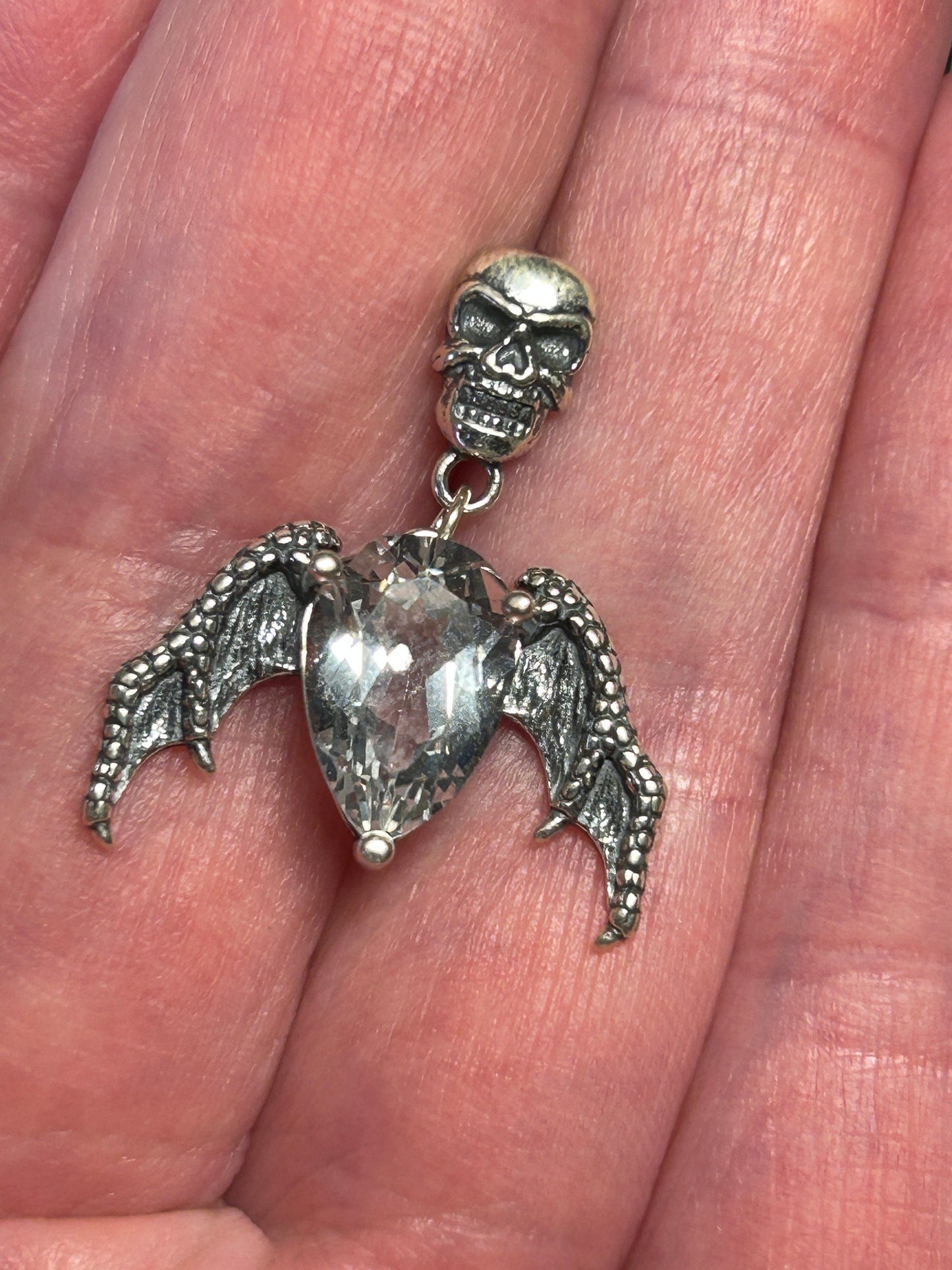 Gothic Skull Pendant with Bat Wings & Faceted Quartz Crystal - Sterling Silver Gemstone Jewelry