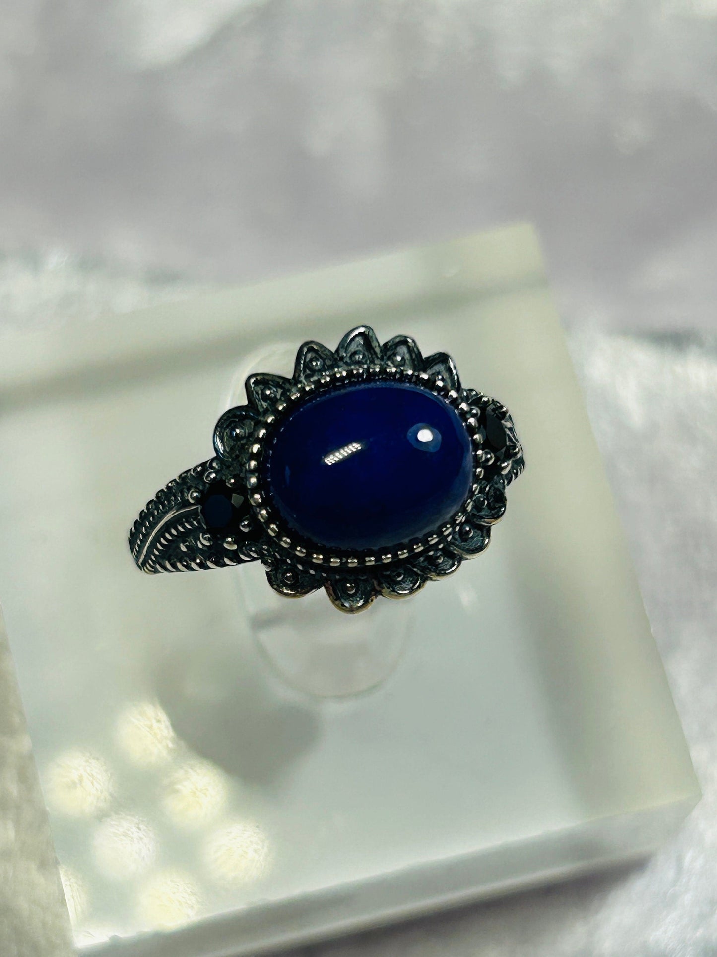 Unisex Lapis Lazuli Ring with Black Spinel Gemstone Accents • 925 Sterling Silver • Adjustable • Gift Box