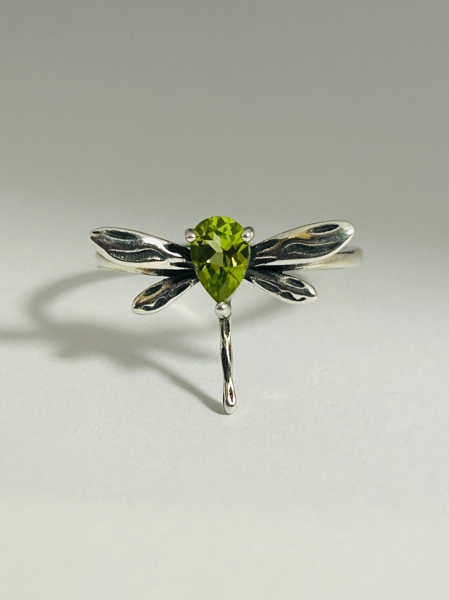 Sterling Silver Peridot Ring - Dragonfly Design - 925 - Adjustable - Gift Boxed