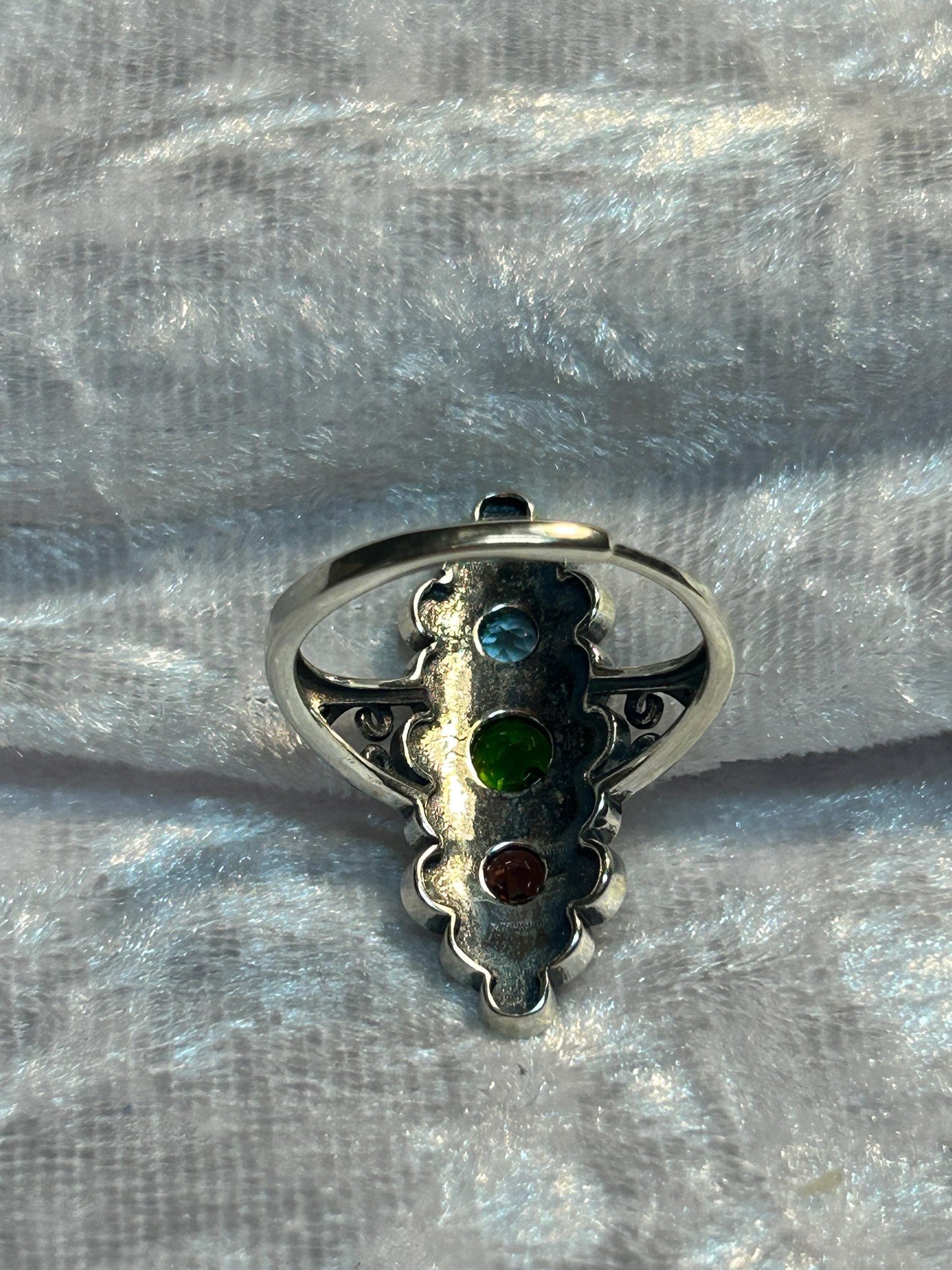 Ornate Triple Gemstone Ring with Garnet, Diopside & Topaz • 925 Sterling Silver • Adjustable • Gift Box