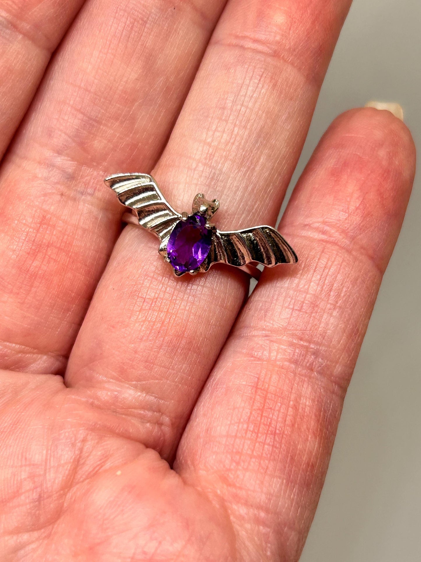 Gothic Bat Ring with Amethyst Gemstone • 925 Sterling Silver • Adjustable • Gift Box