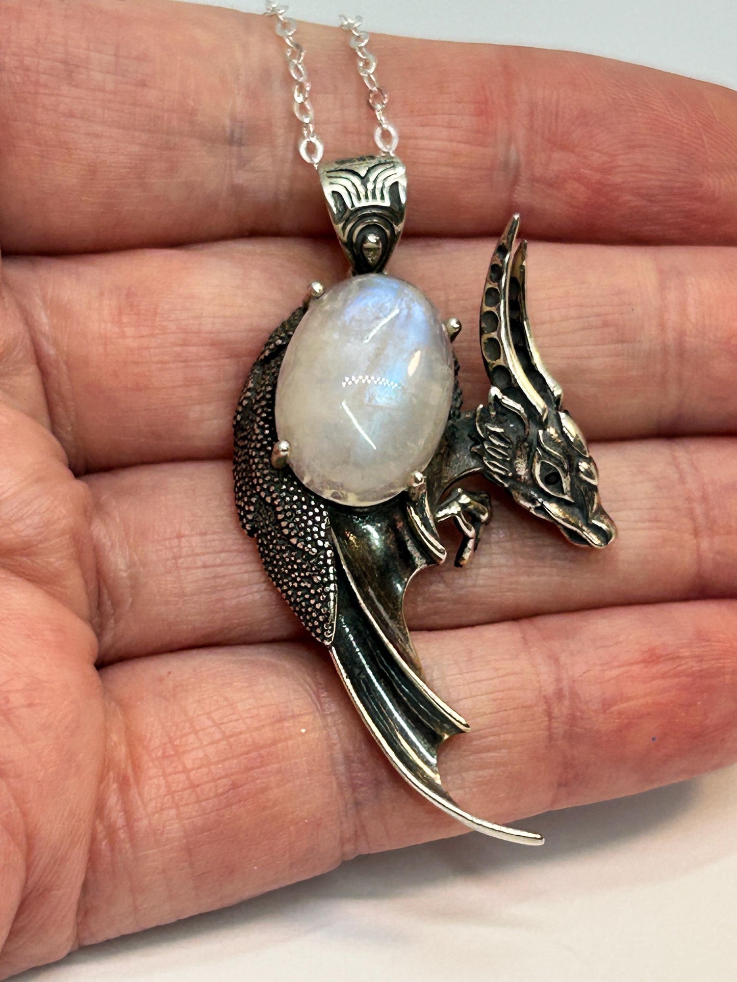 Dragon Pendant with Moonstone Gemstone • 925 Sterling Silver • Gift box