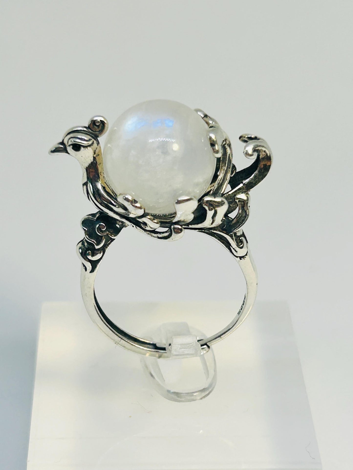 Large Phoenix Ring with Moonstone Sphere Gemstone • 925 Sterling Silver • Adjustable • Gift Box