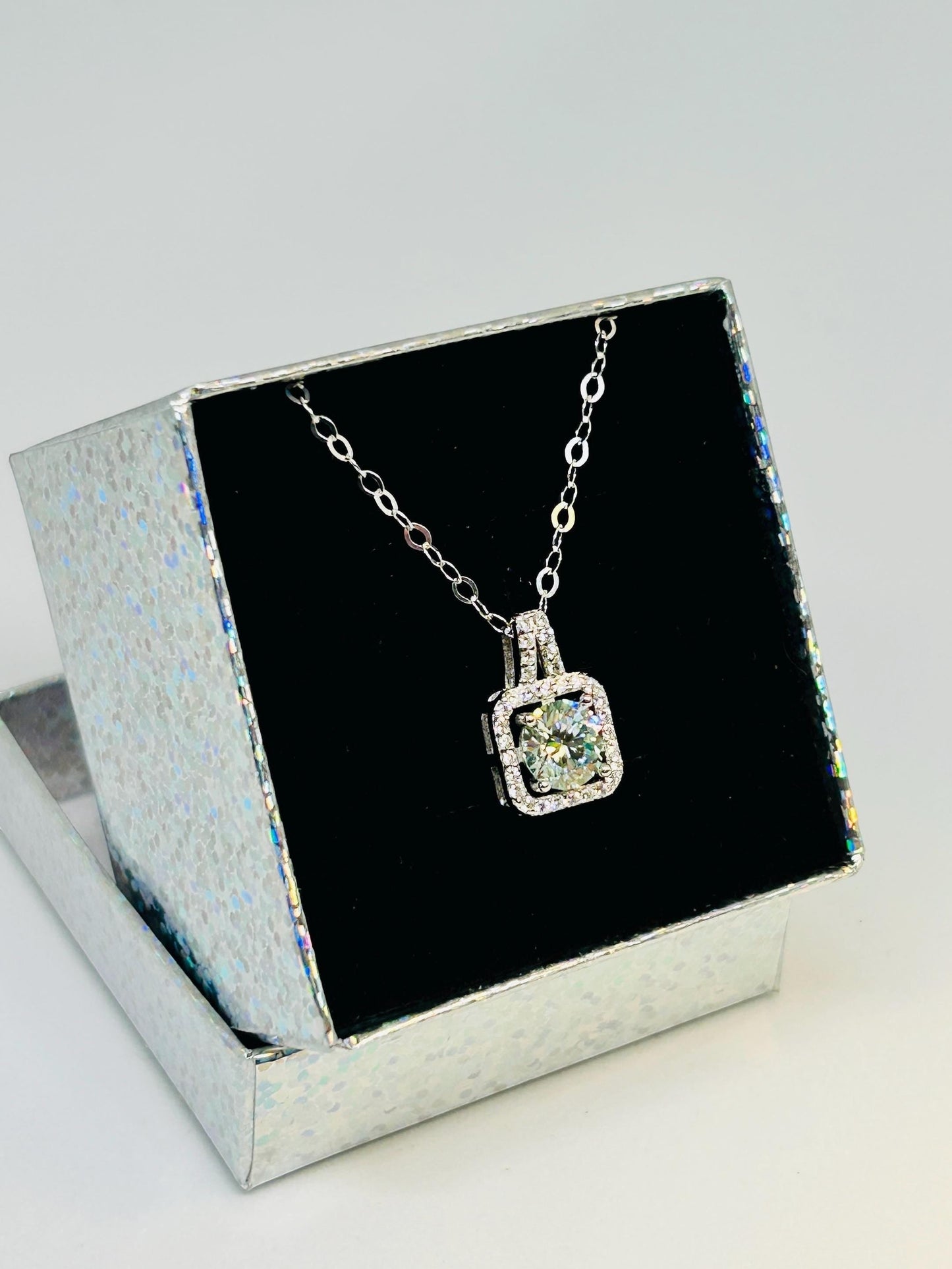 Square Moissanite Pendant with CZ Accents • 925 Sterling Silver • Gift Box