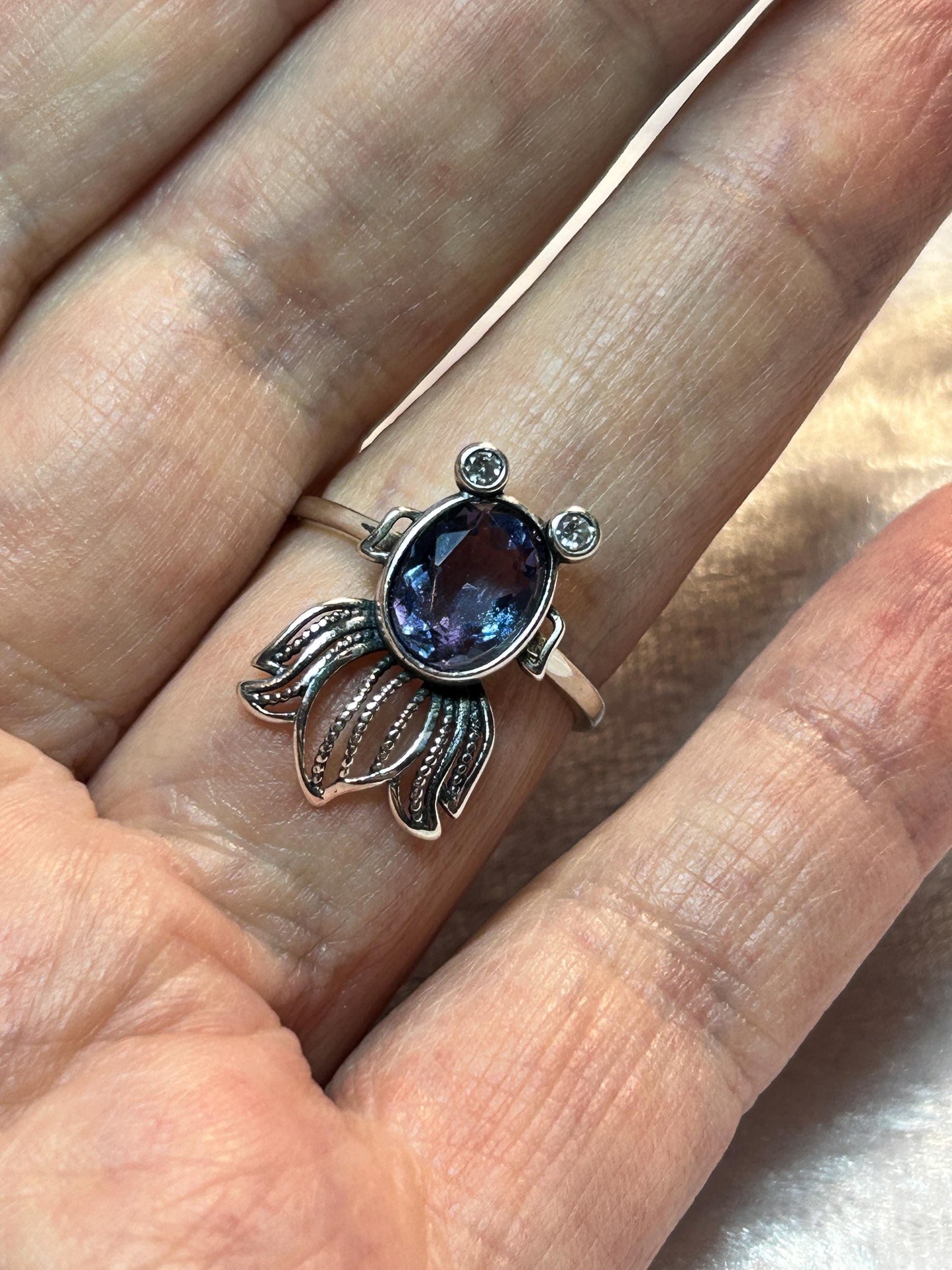 Fancy Fish Ring with Blue Fluorite Gemstone • 925 Sterling Silver • Adjustable • Gift Box