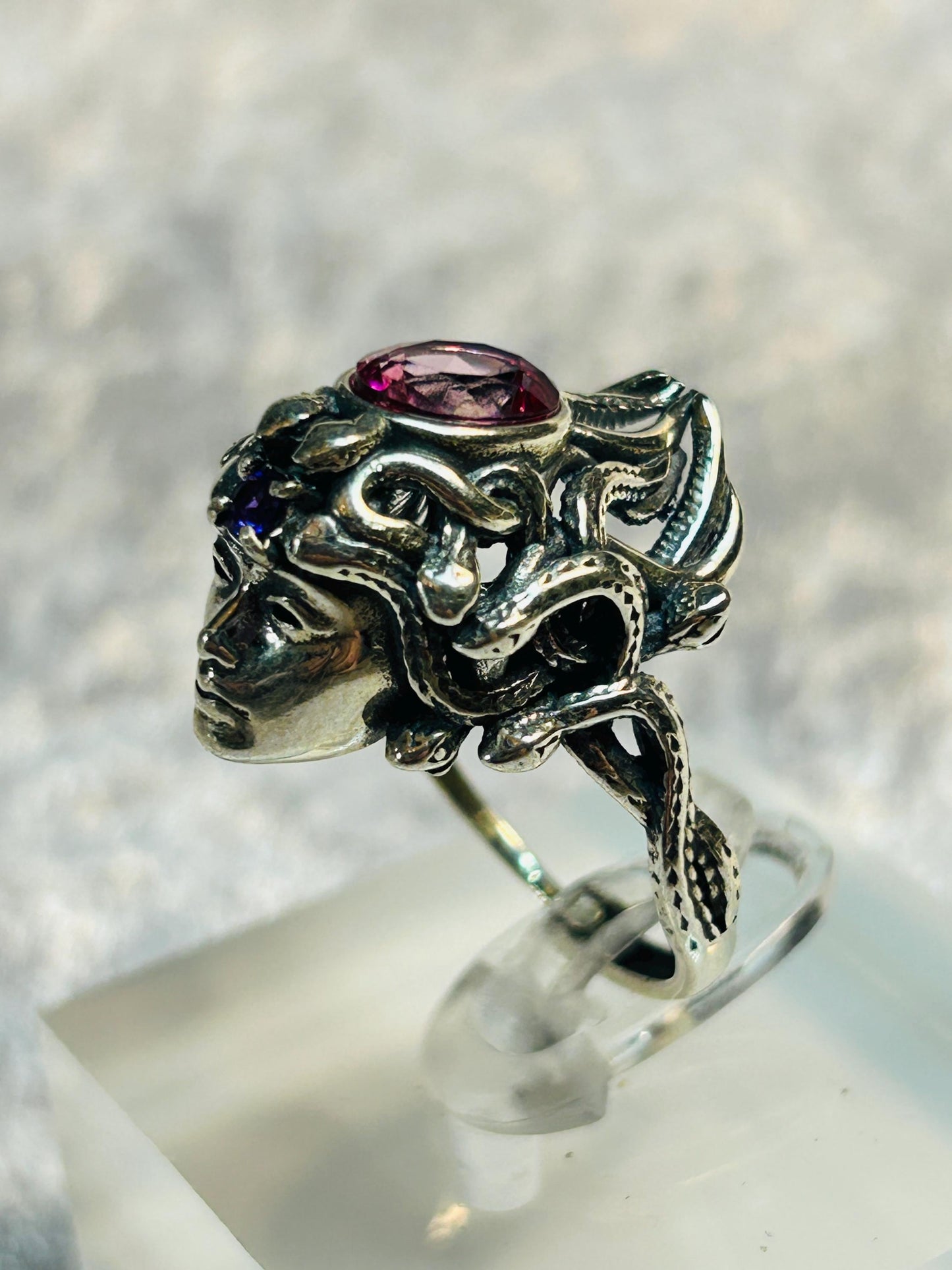 Mythical Medusa Ring with Pink Topaz & Amethyst Gemstones • 925 Sterling Silver • Adjustable • Gift box