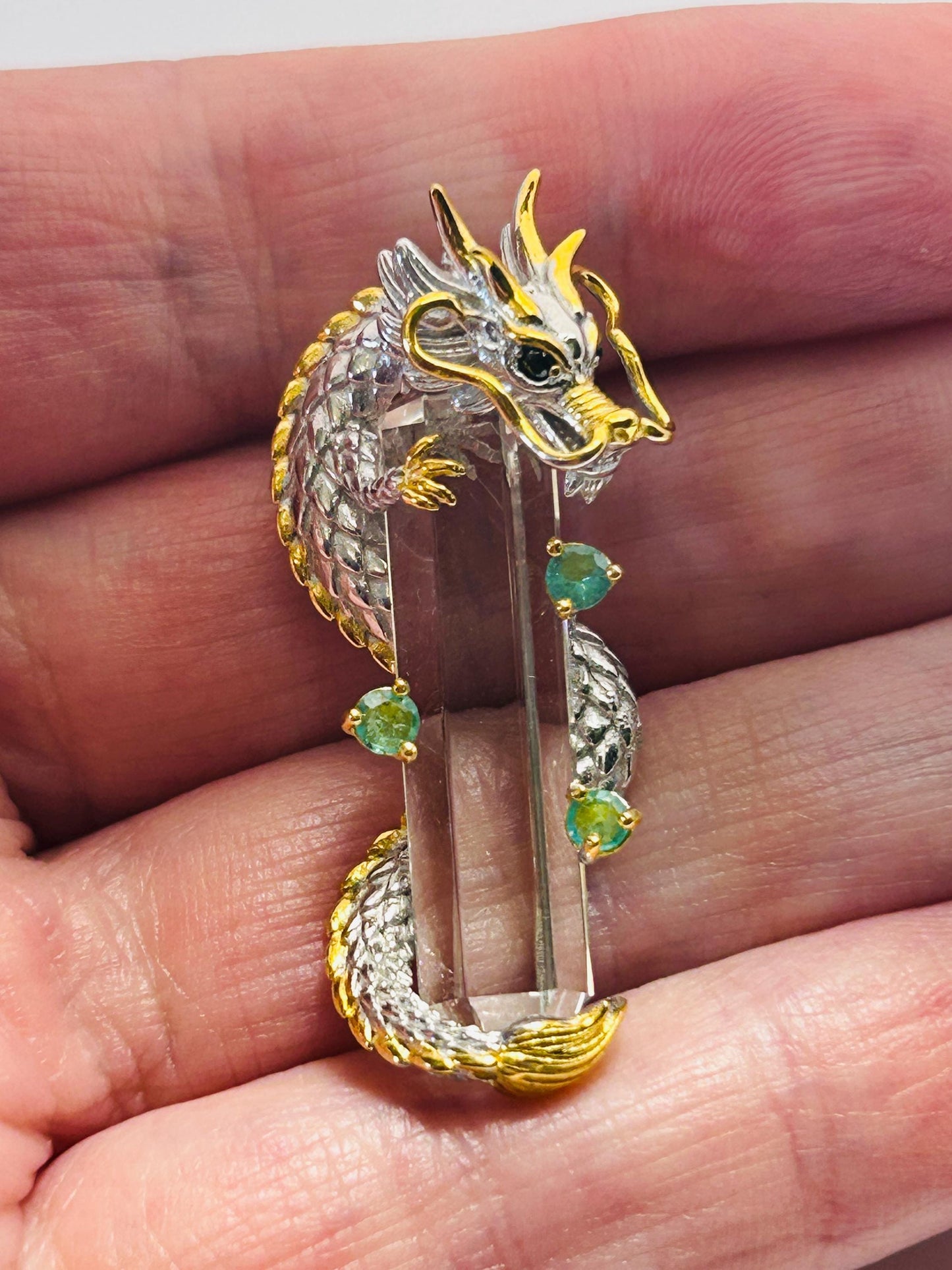 Sterling Silver Dragon Pendant | 925 Necklace | Clear Quartz Crystal Point Jewellery | Gift Boxed