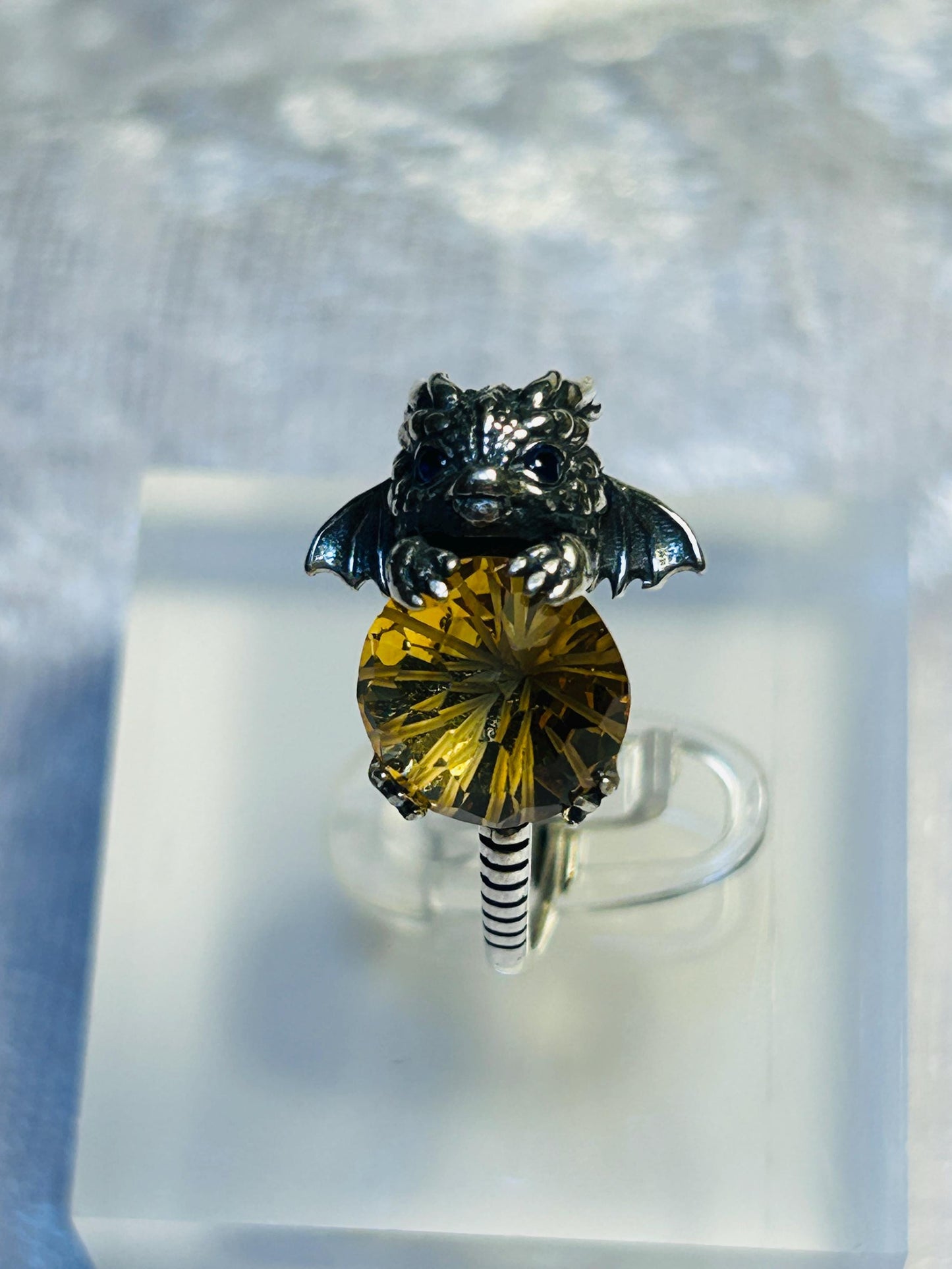 Baby Dragon 925 Silver Ring: Citrine Gemstone, Sapphire Eyes, Adjustable