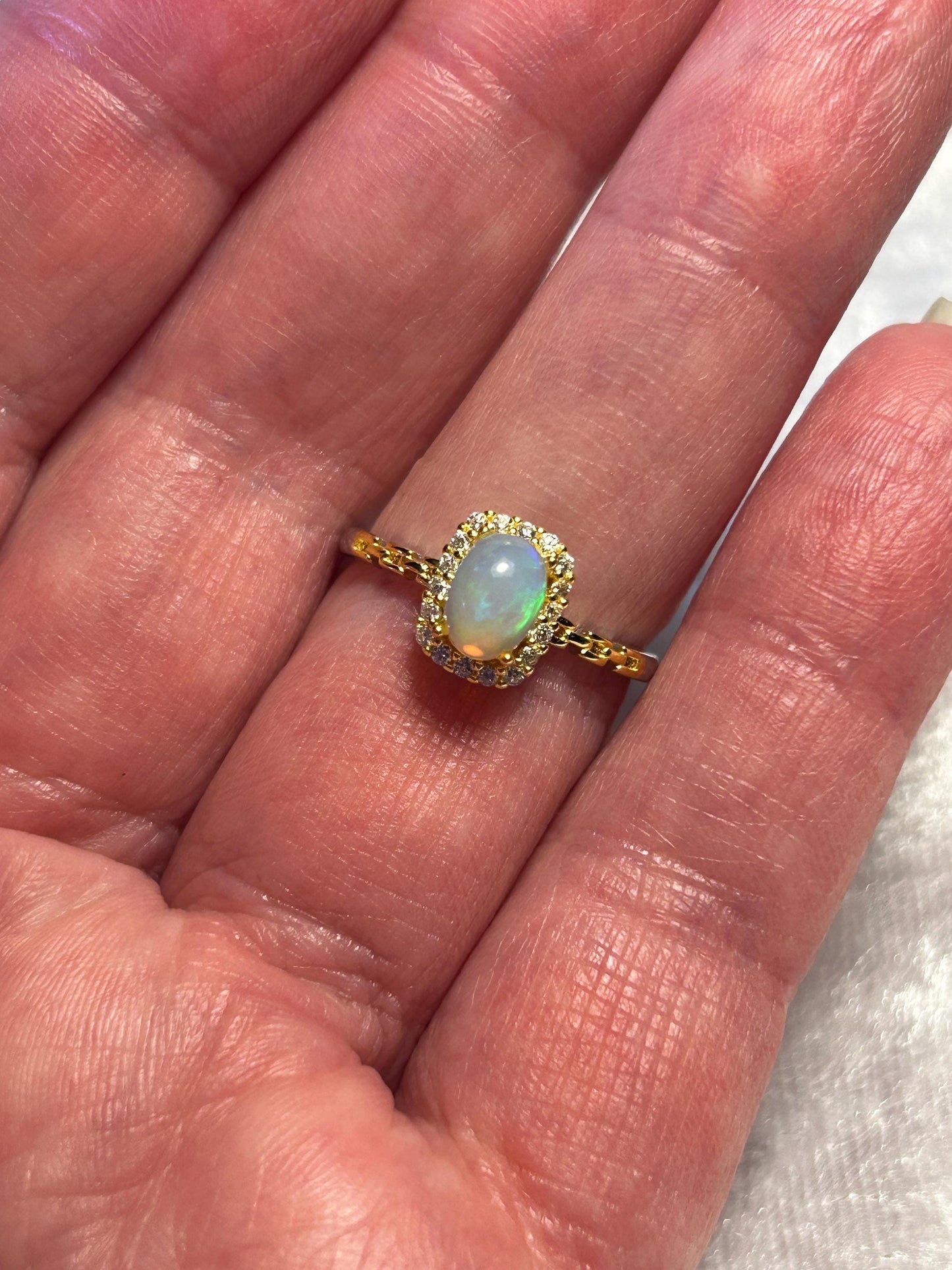 Rainbow Opal Ring with CZ Accents • Gold Plated 925 Sterling Silver • Adjustable • Gift Box