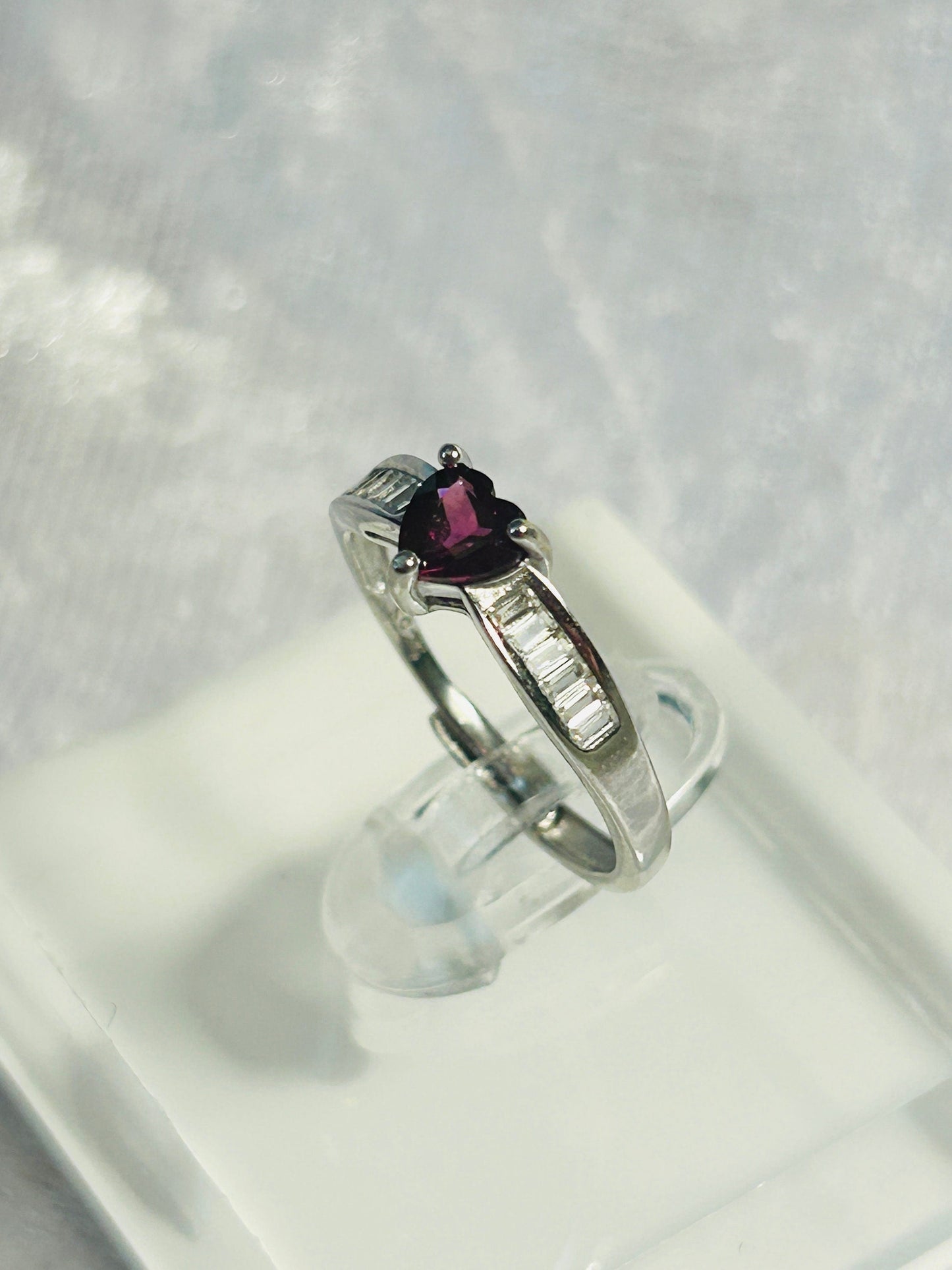 Crystal Heart Ring with Garnet & CZ Accents • 925 Sterling Silver • Adjustable • Giftbox