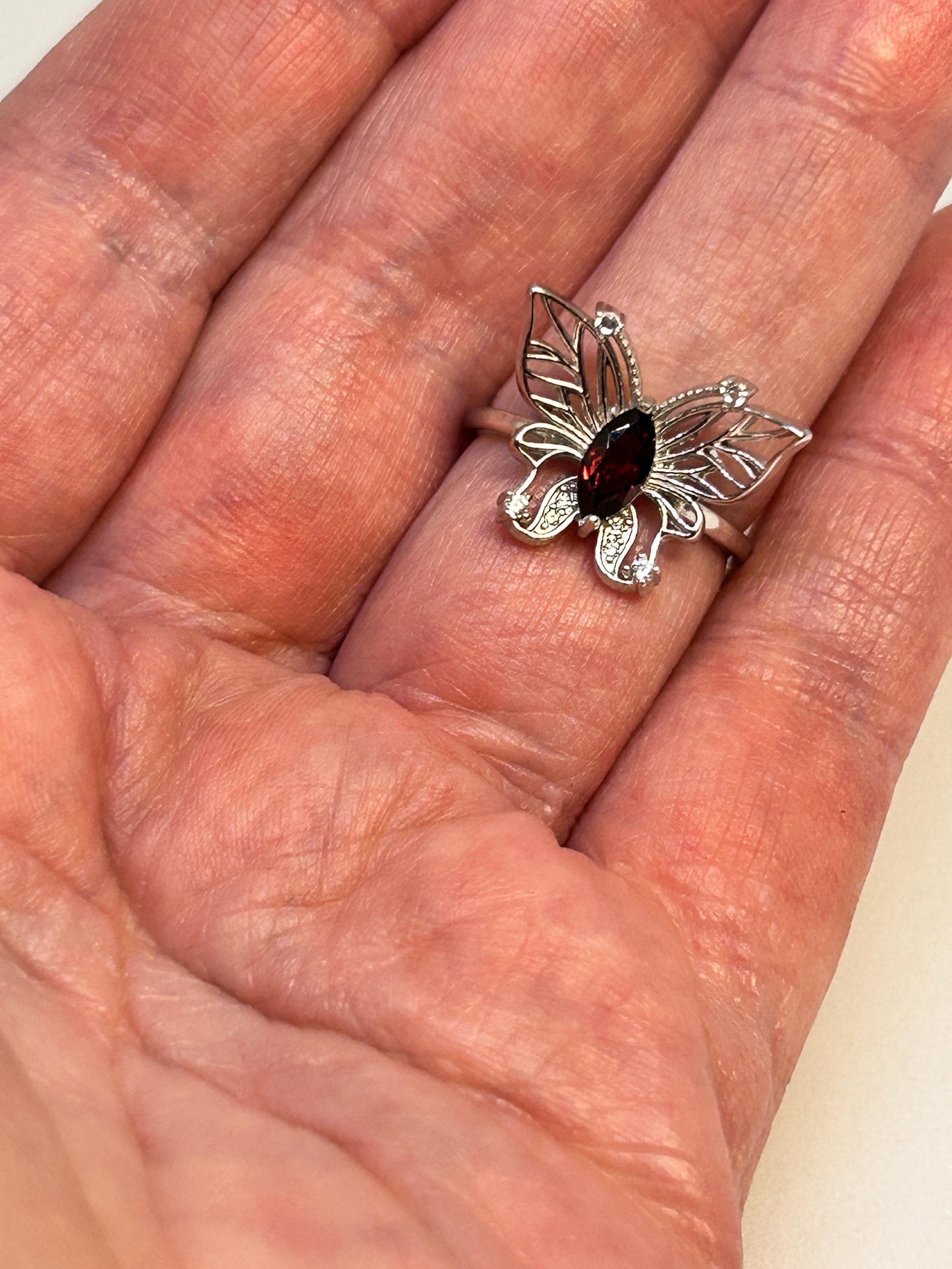 Ornate Butterfly Ring with Faceted Garnet Gemstone & CZ Accents • 925 Sterling Silver • Adjustable • Gift-box