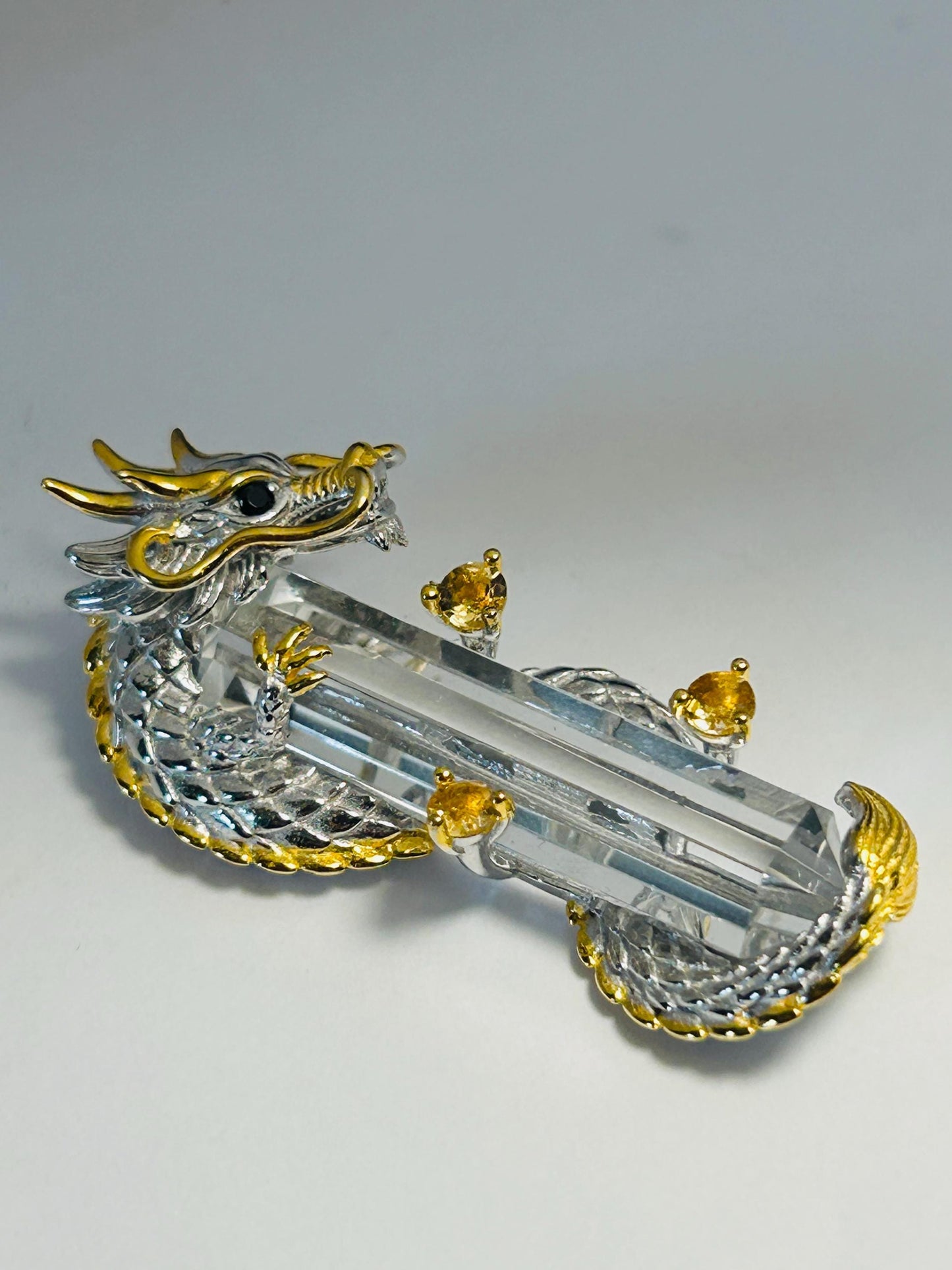 Sterling Silver Dragon Pendant Wrapped Around Clear Quartz Crystal Point - 925 - Gift Boxed