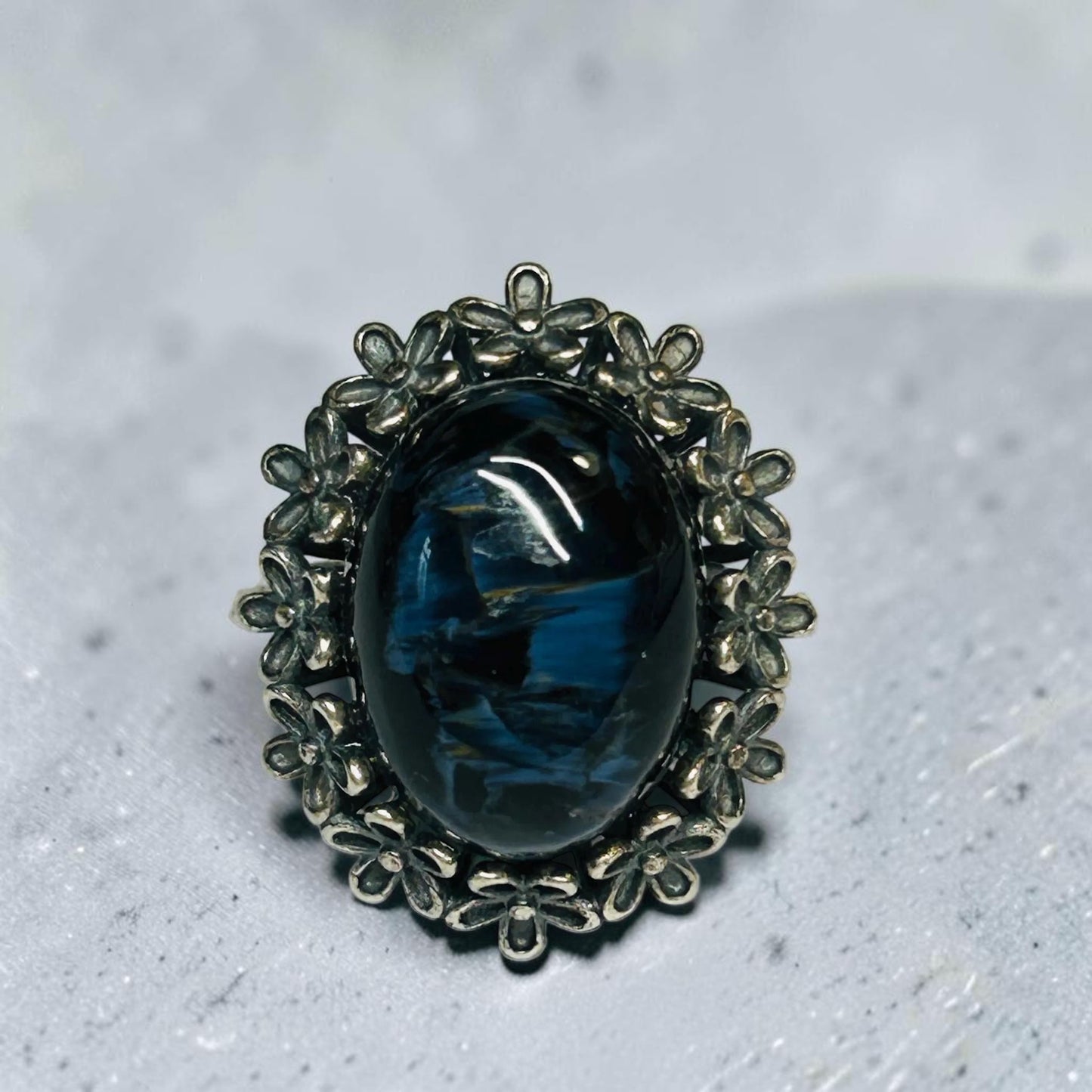 Pietersite Ring - 925 Sterling Silver - Oxidised Floral Design - Adjustable - With Gift Box