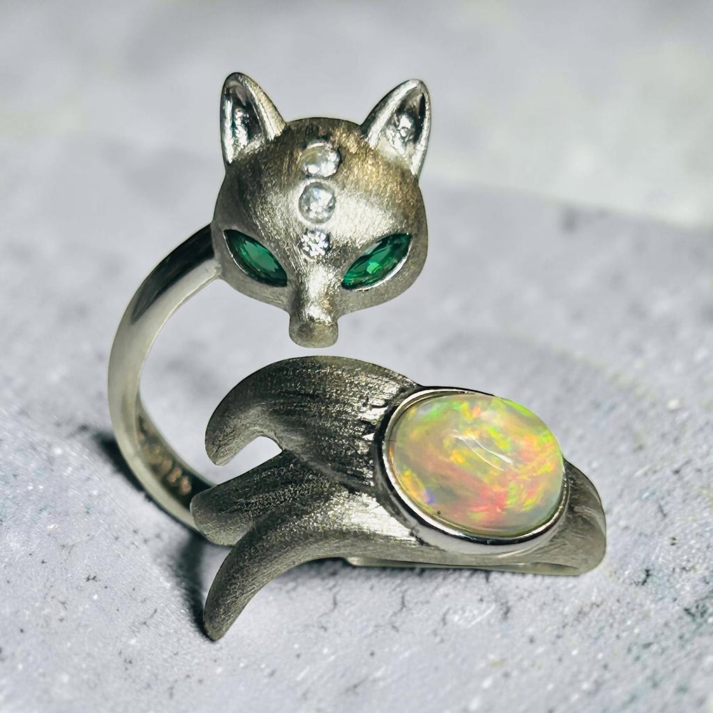 Fox Ring with Opal Cabochon • 925 Burnished Sterling Silver • Adjustable • with Gift Box