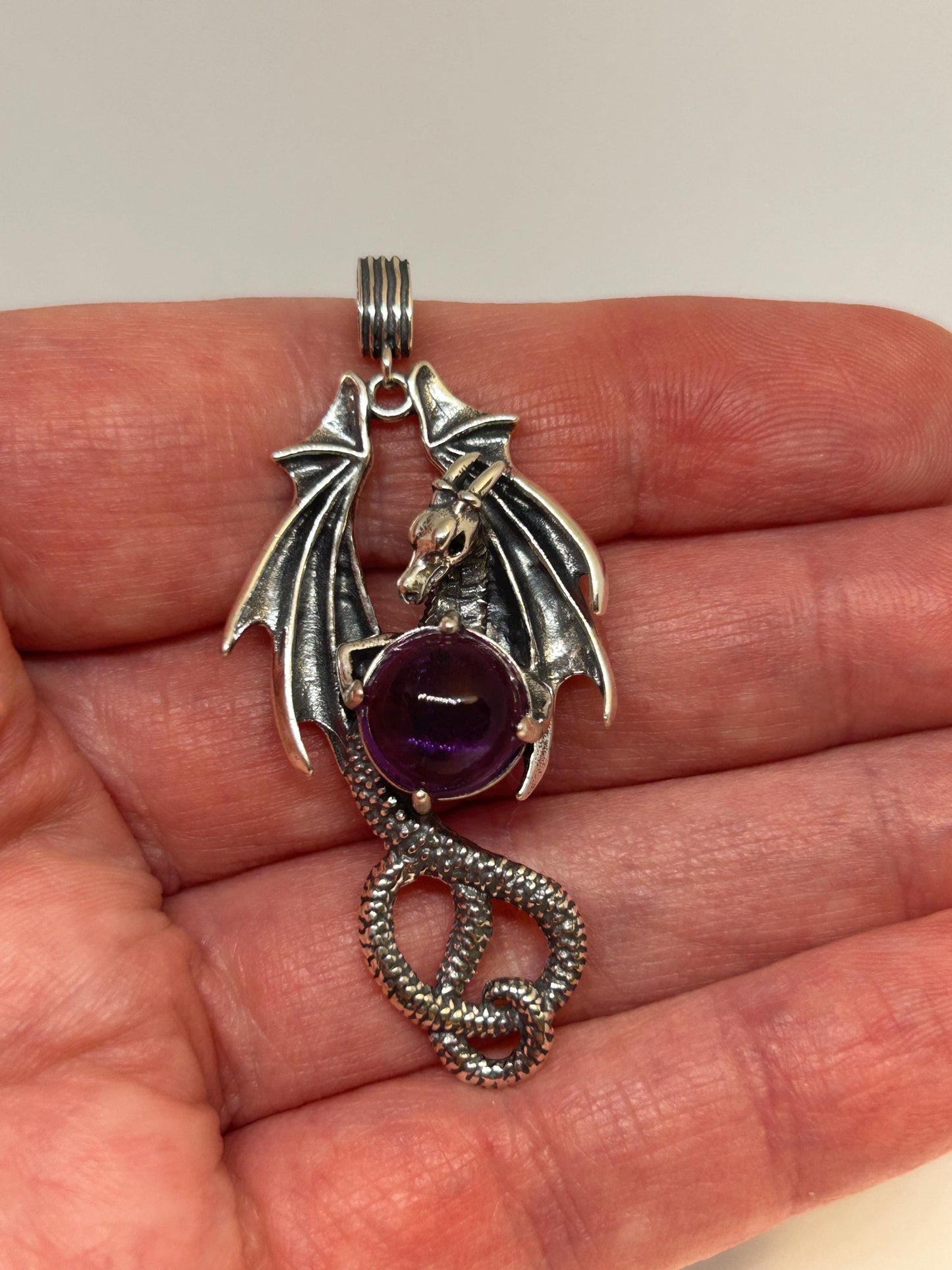 Dragon Pendant with Amethyst Gemstone • 925 Sterling Silver • Gift Box