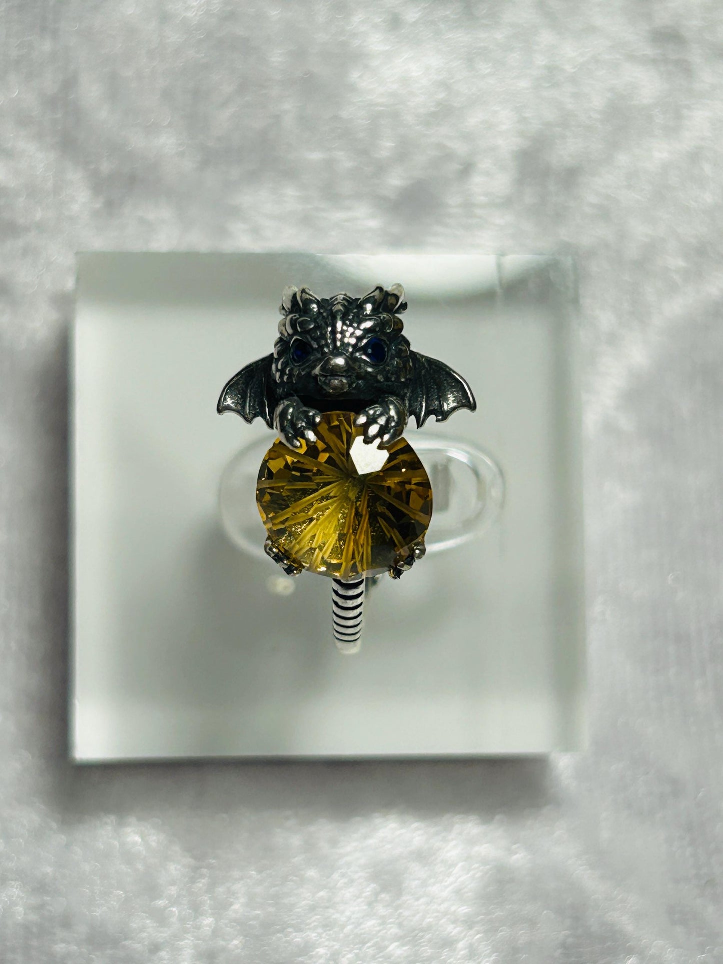 Baby Dragon 925 Silver Ring: Citrine Gemstone, Sapphire Eyes, Adjustable