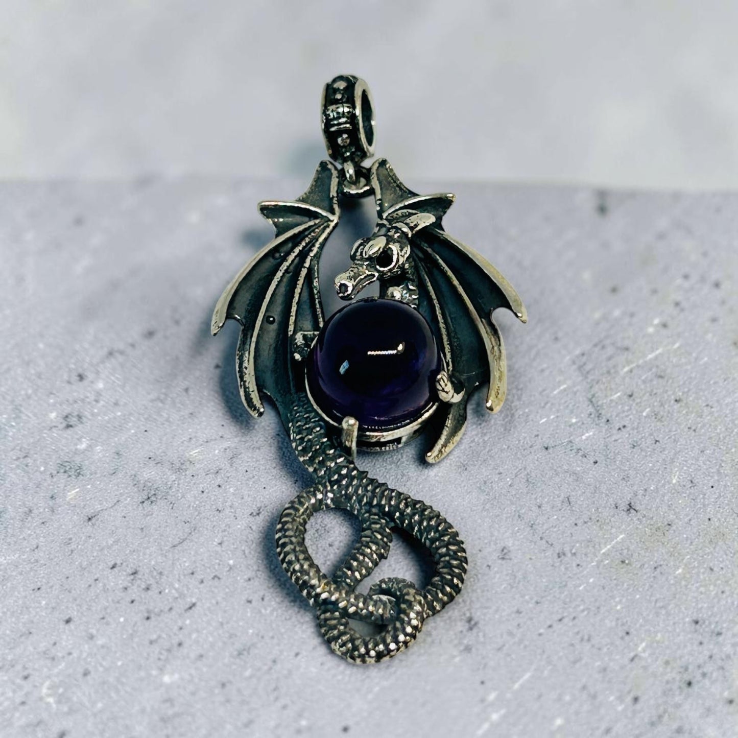 Dragon Pendant with Amethyst Gemstone • 925 Sterling Silver • Gift Box